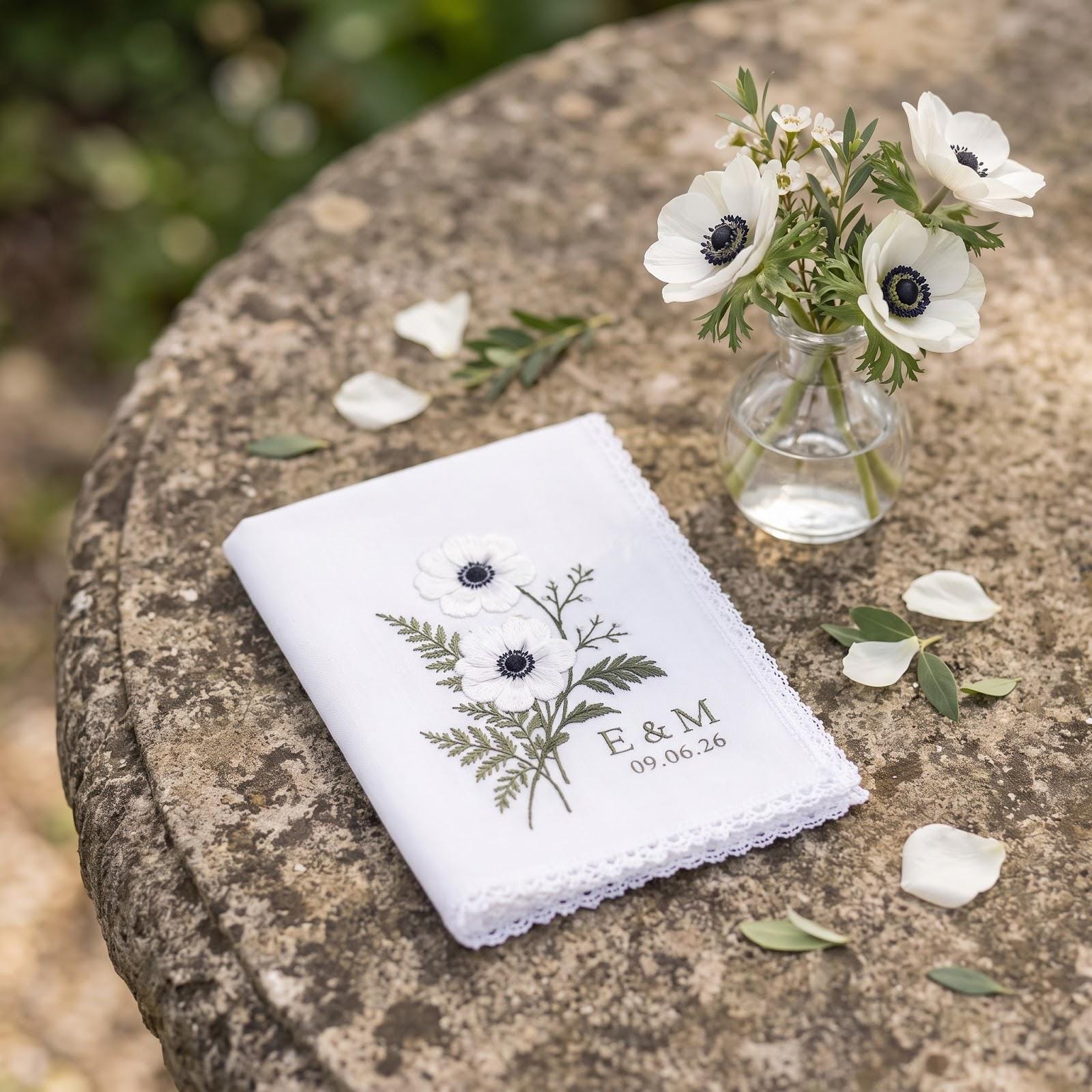Personalized Embroidered Wedding Handkerchief with Custom Name Date Floral Hanky and White Flower Bridal Keepsake, Style Options Gift - photo 12