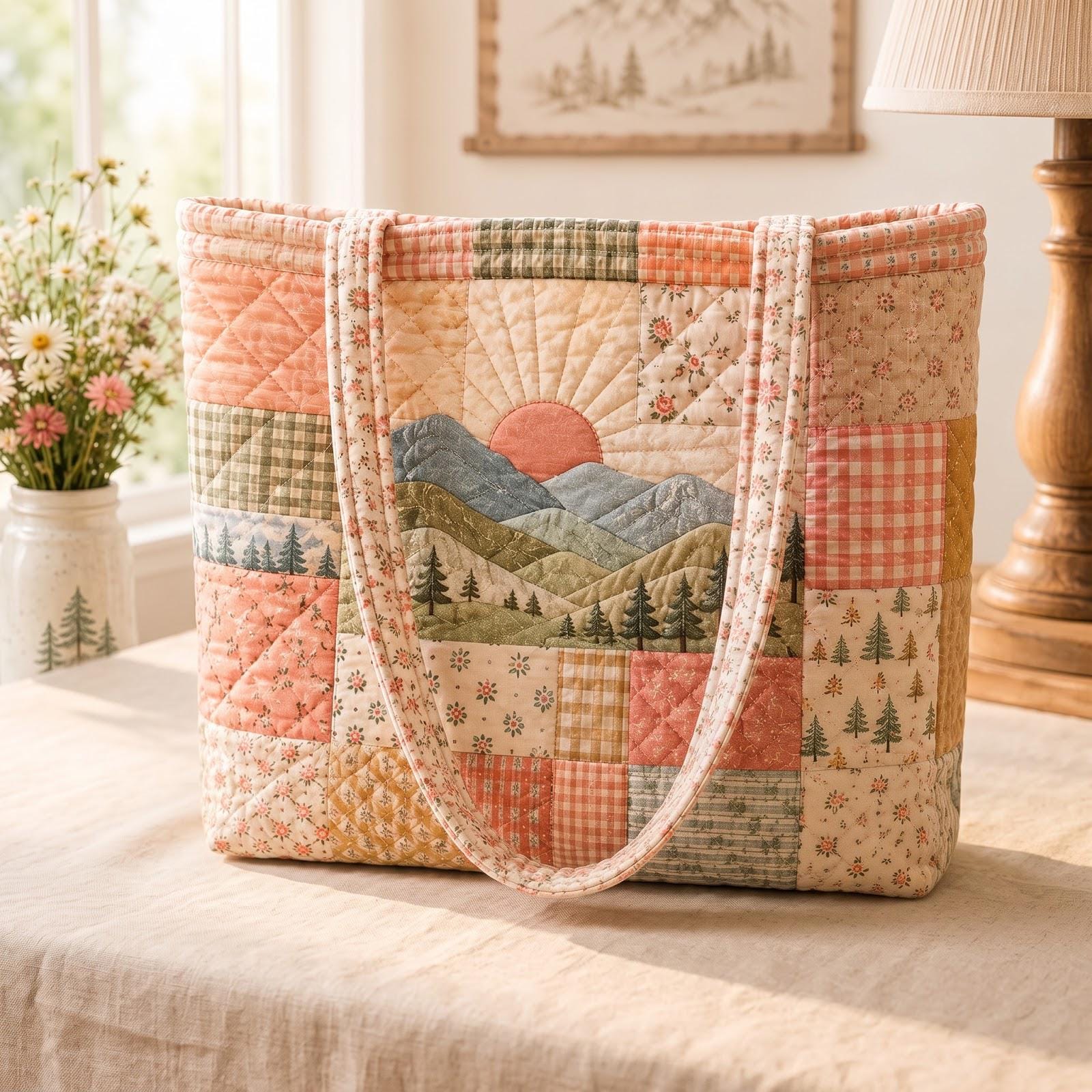 Blue Mountain Patchwork Tote Bag – Forest Shoulder Bag with Pine Tree Nature Design, Rustic Cabin Gift, Quilted Style