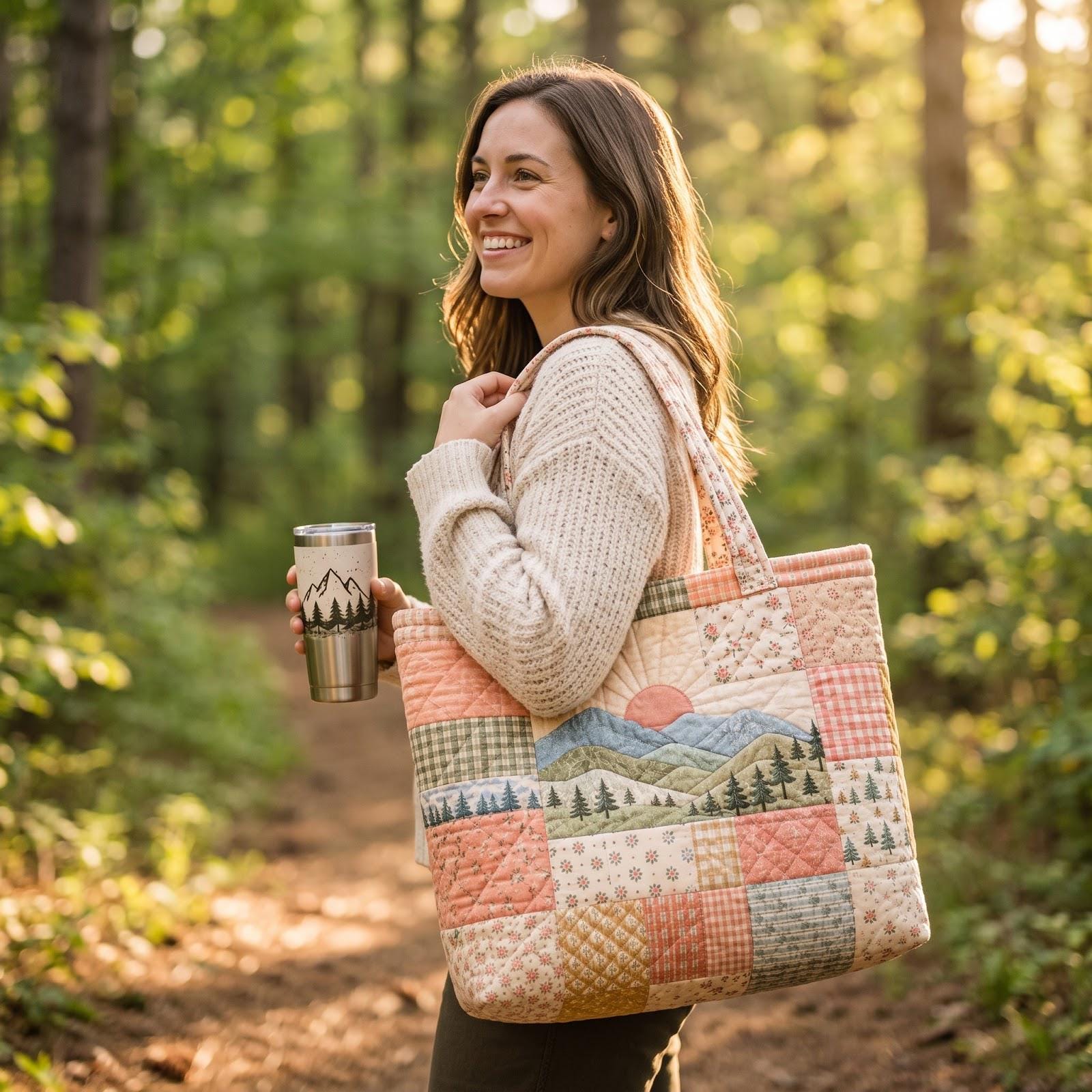Blue Mountain Patchwork Tote Bag – Forest Shoulder Bag with Pine Tree Nature Design, Rustic Cabin Gift, Quilted Style - photo 2