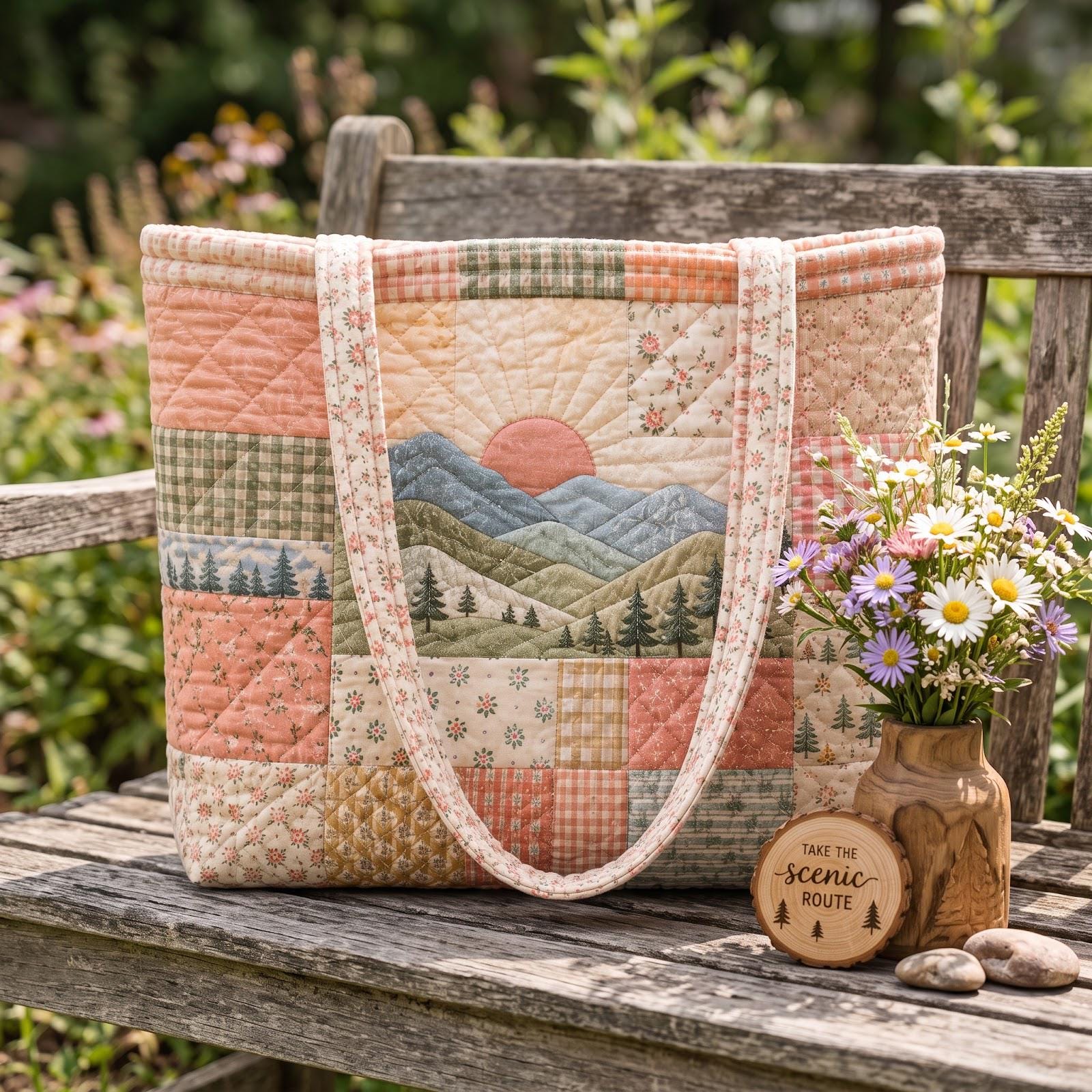 Blue Mountain Patchwork Tote Bag – Forest Shoulder Bag with Pine Tree Nature Design, Rustic Cabin Gift, Quilted Style - photo 4