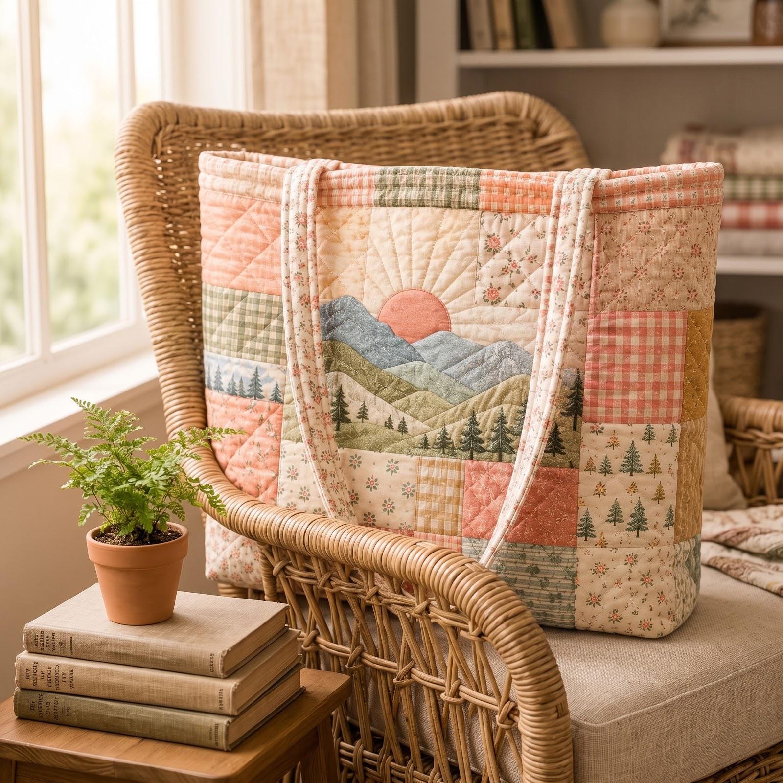 Blue Mountain Patchwork Tote Bag – Forest Shoulder Bag with Pine Tree Nature Design, Rustic Cabin Gift, Quilted Style - photo 5