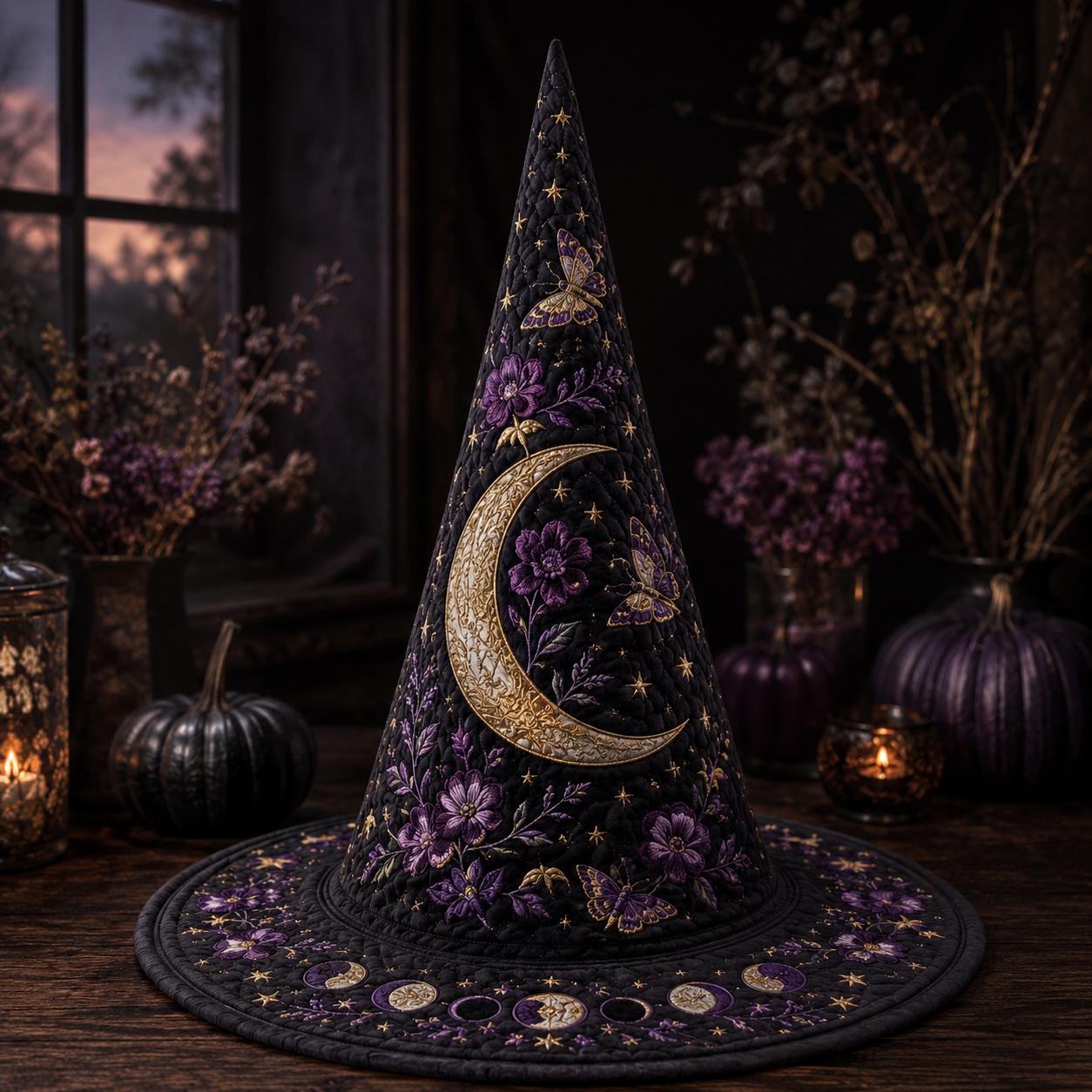 Moon Phase Quilted Witch Hat for Celestial Halloween Decor and Lunar Witchy Table Centerpiece with Mystical Gift for Moon Lovers