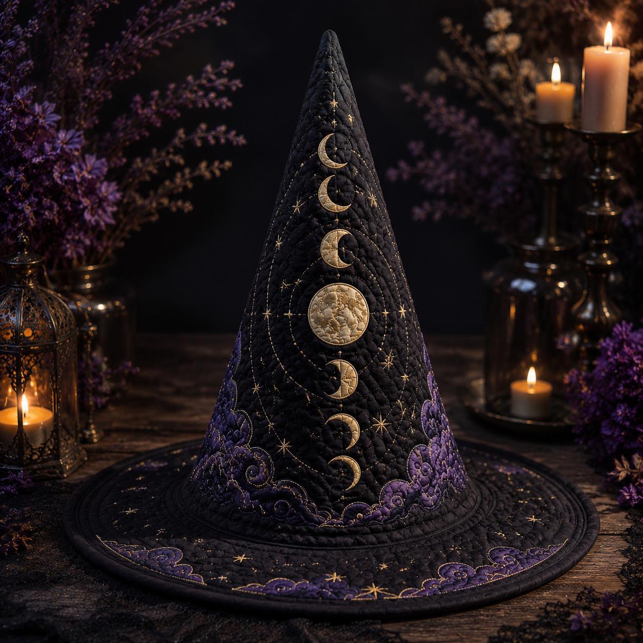 Moon Phase Quilted Witch Hat for Celestial Halloween Decor and Lunar Witchy Table Centerpiece with Mystical Gift for Moon Lovers - photo 2