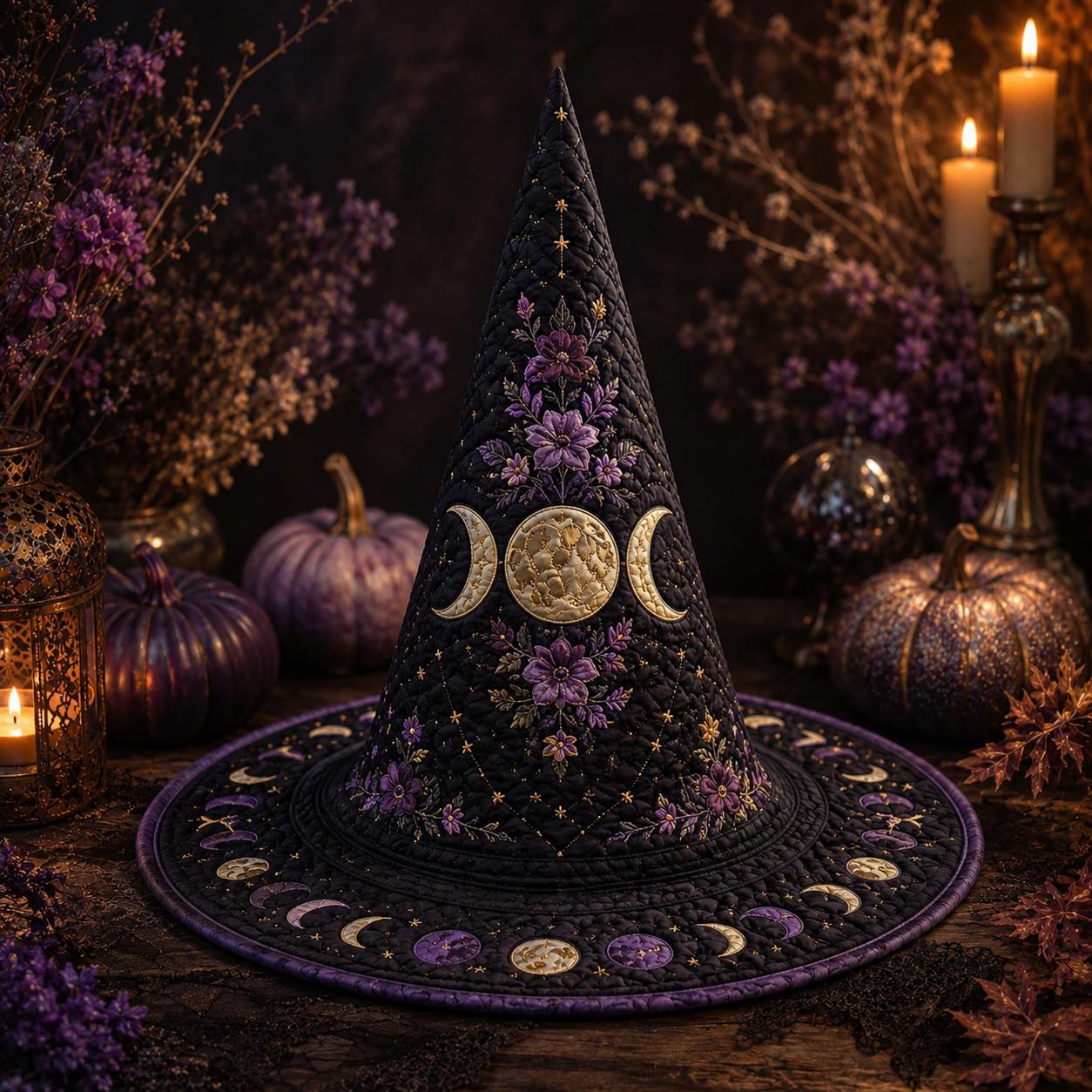 Moon Phase Quilted Witch Hat for Celestial Halloween Decor and Lunar Witchy Table Centerpiece with Mystical Gift for Moon Lovers - photo 5