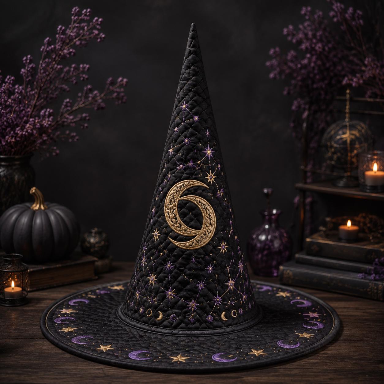 Moon Phase Quilted Witch Hat for Celestial Halloween Decor and Lunar Witchy Table Centerpiece with Mystical Gift for Moon Lovers - photo 6