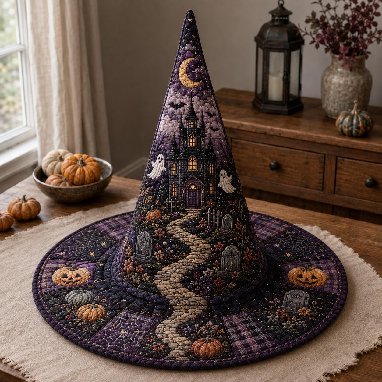 Witch Hat – Quilted Ghost Pumpkin Spooky Haunted House Table Centerpiece Decor for Halloween Gift and Cottage