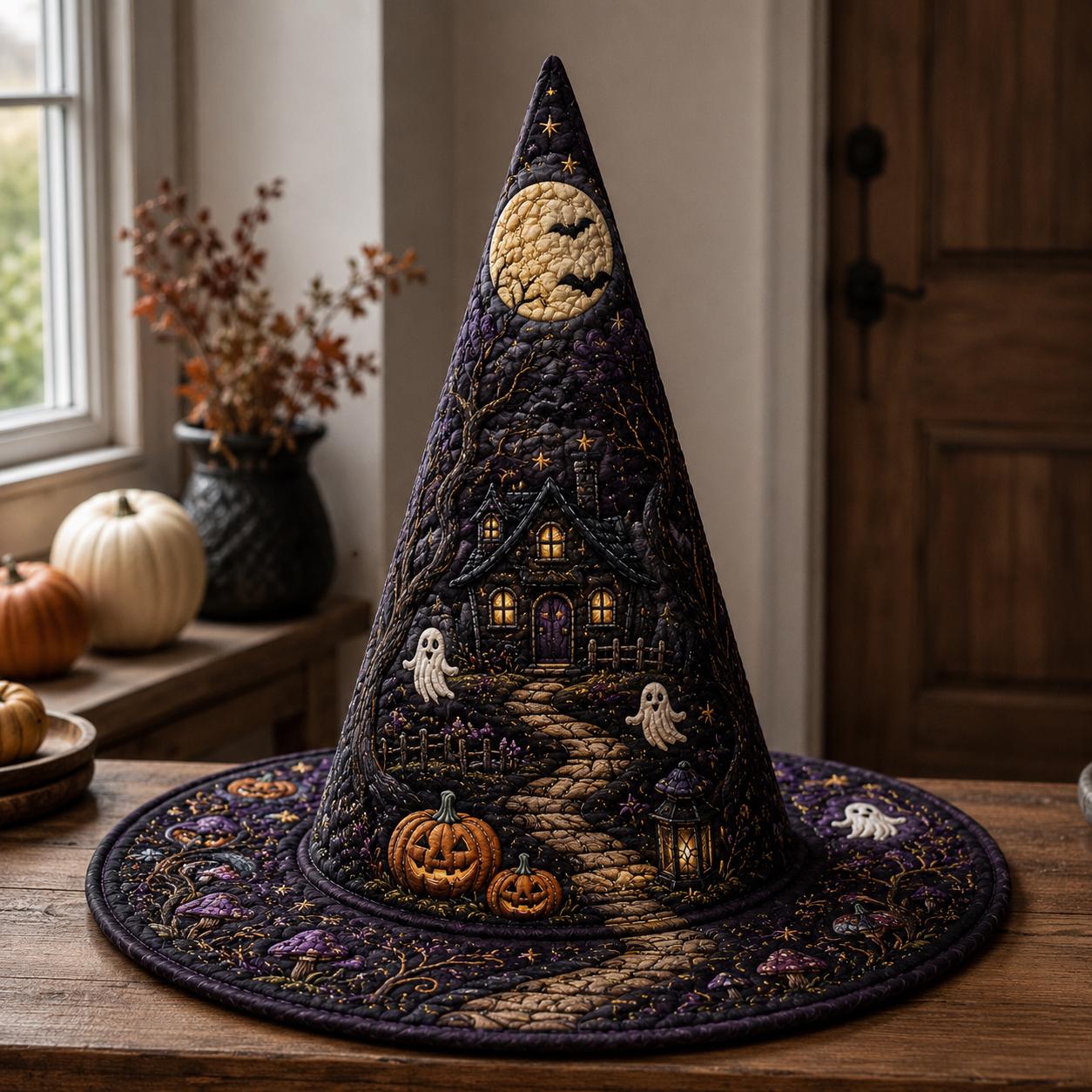 Witch Hat – Quilted Ghost Pumpkin Spooky Haunted House Table Centerpiece Decor for Halloween Gift and Cottage - photo 2