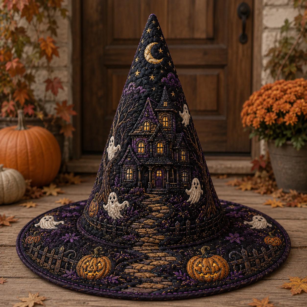 Witch Hat – Quilted Ghost Pumpkin Spooky Haunted House Table Centerpiece Decor for Halloween Gift and Cottage - photo 3