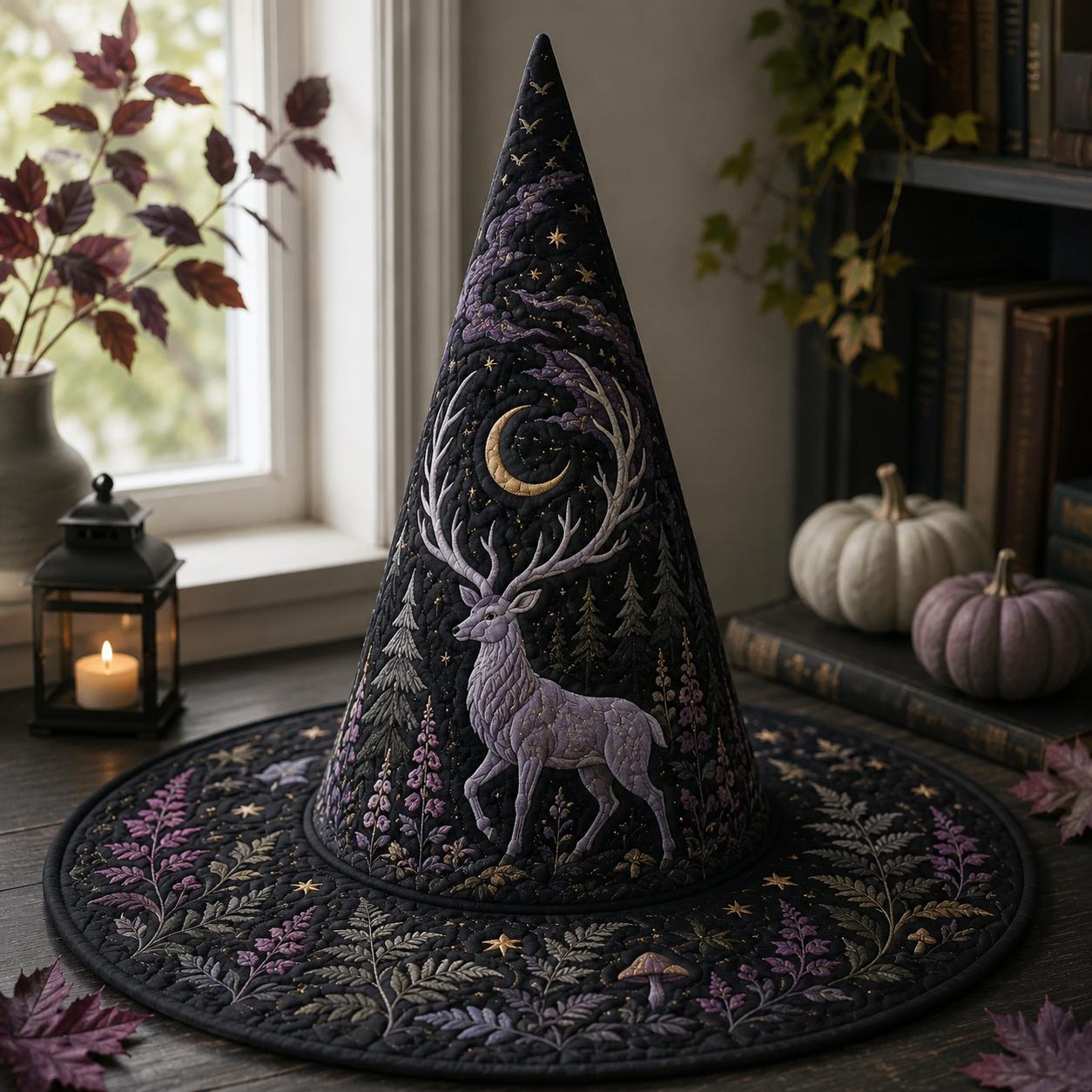 Woodland Stag Quilted Witch Hat for Celestial Forest Halloween Decor and Mystical Deer Table Centerpiece with Nature Lover Gift