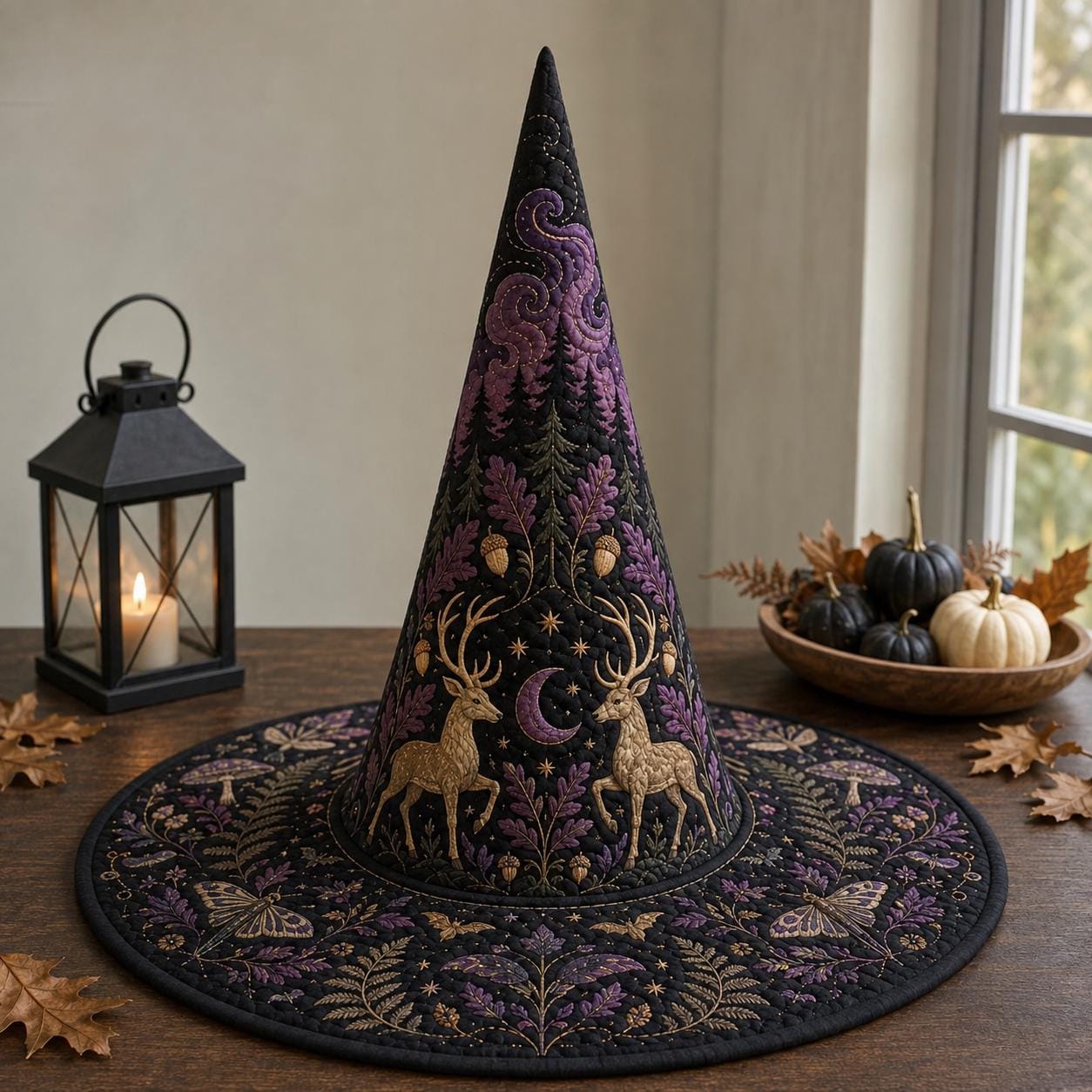 Woodland Stag Quilted Witch Hat for Celestial Forest Halloween Decor and Mystical Deer Table Centerpiece with Nature Lover Gift - photo 2