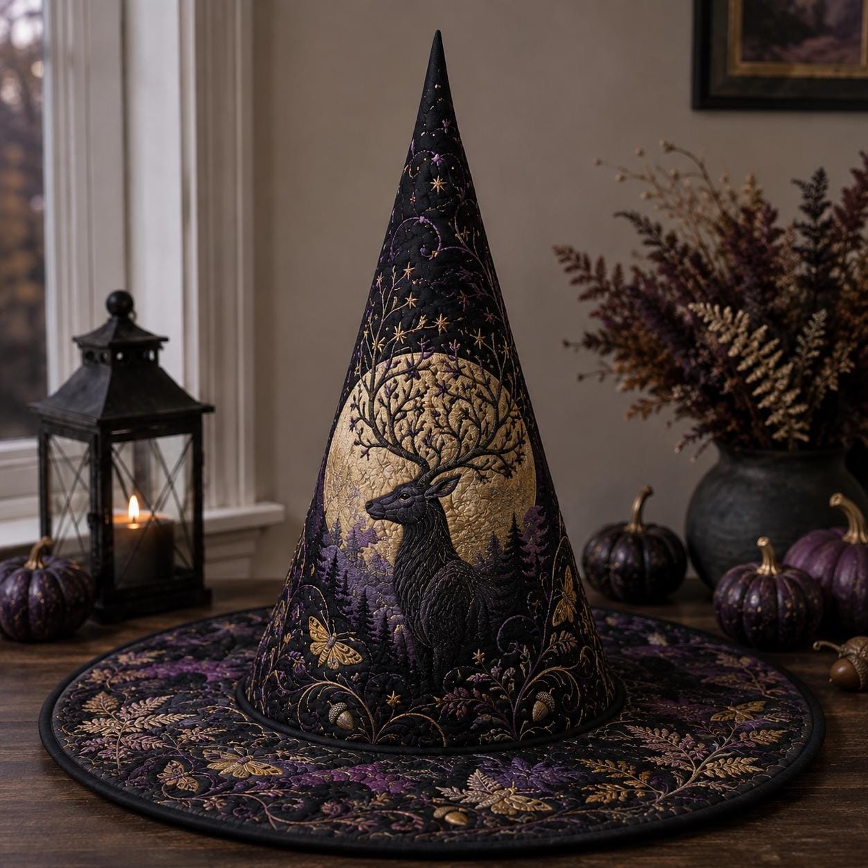 Woodland Stag Quilted Witch Hat for Celestial Forest Halloween Decor and Mystical Deer Table Centerpiece with Nature Lover Gift - photo 5