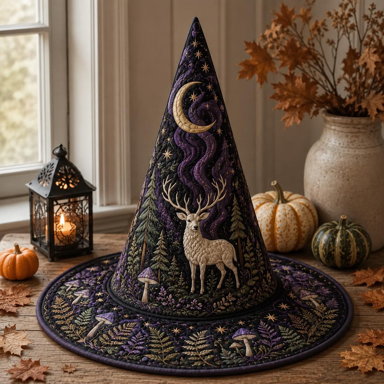 Woodland Stag Quilted Witch Hat for Celestial Forest Halloween Decor and Mystical Deer Table Centerpiece with Nature Lover Gift - photo 6