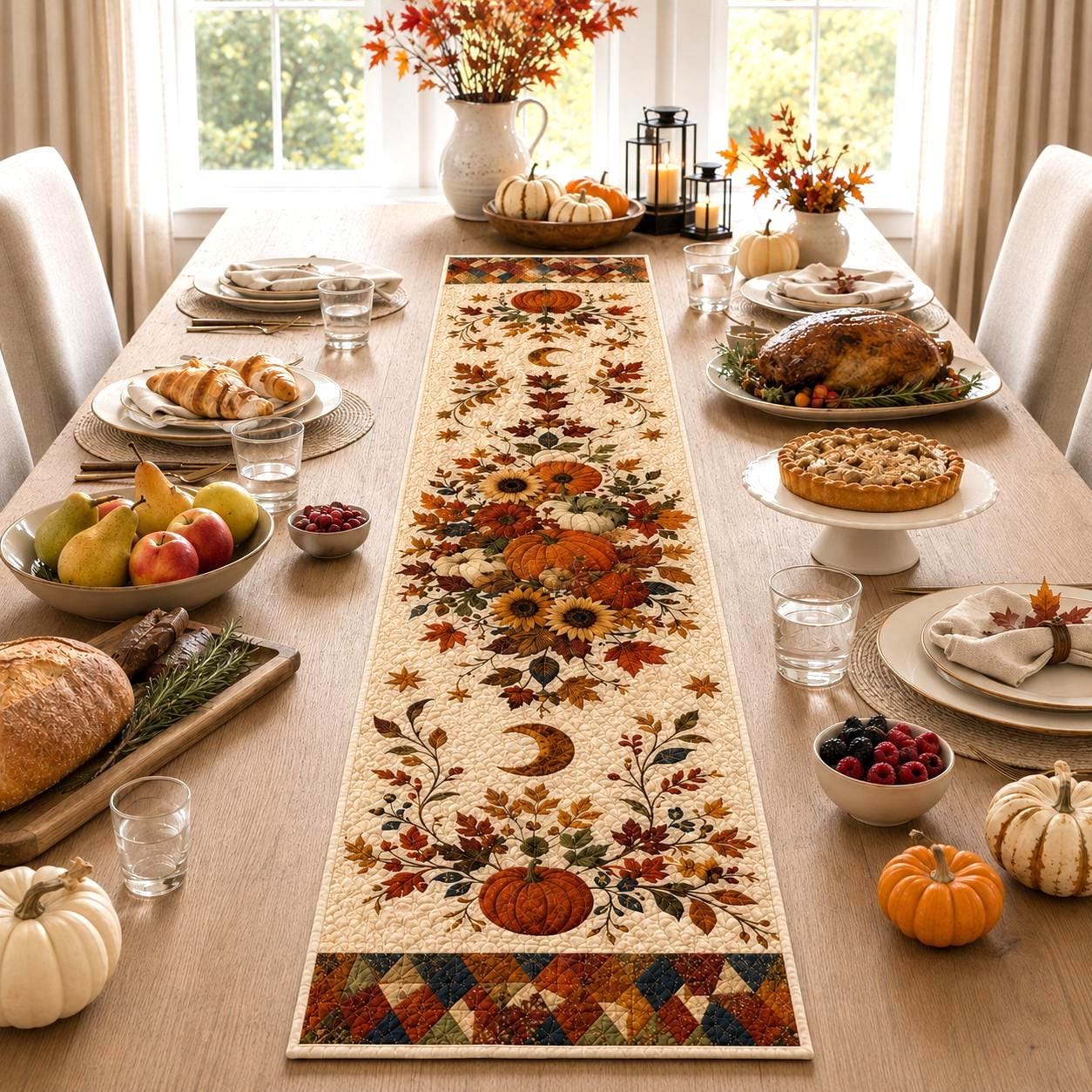 Pumpkin Autumn Table Runner – Fall Thanksgiving Dining Table Decor and Harvest Sunflower Farmhouse Centerpiece, Seasonal Home Quilted Style