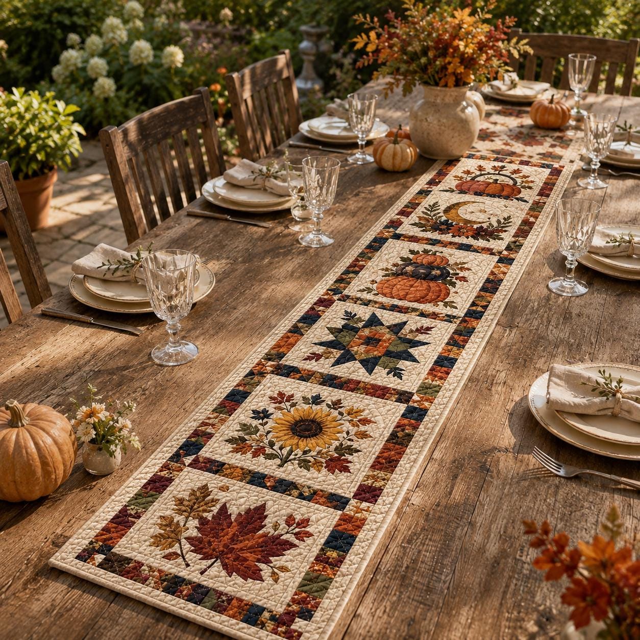 Pumpkin Autumn Table Runner – Fall Thanksgiving Dining Table Decor and Harvest Sunflower Farmhouse Centerpiece, Seasonal Home Quilted Style - photo 2
