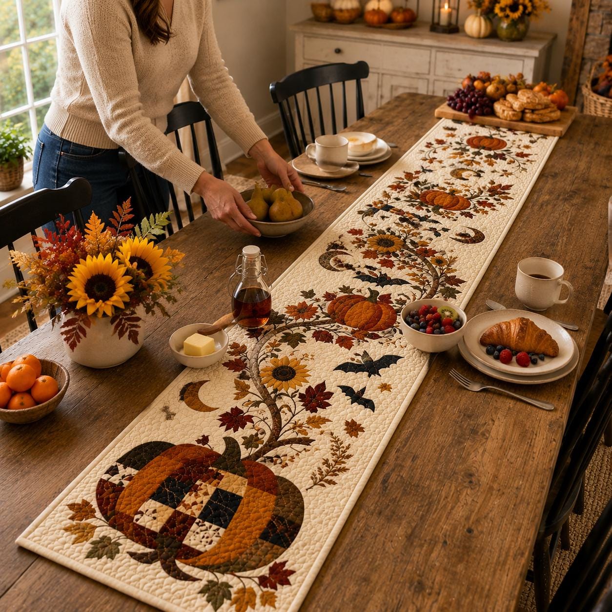 Pumpkin Autumn Table Runner – Fall Thanksgiving Dining Table Decor and Harvest Sunflower Farmhouse Centerpiece, Seasonal Home Quilted Style - photo 3