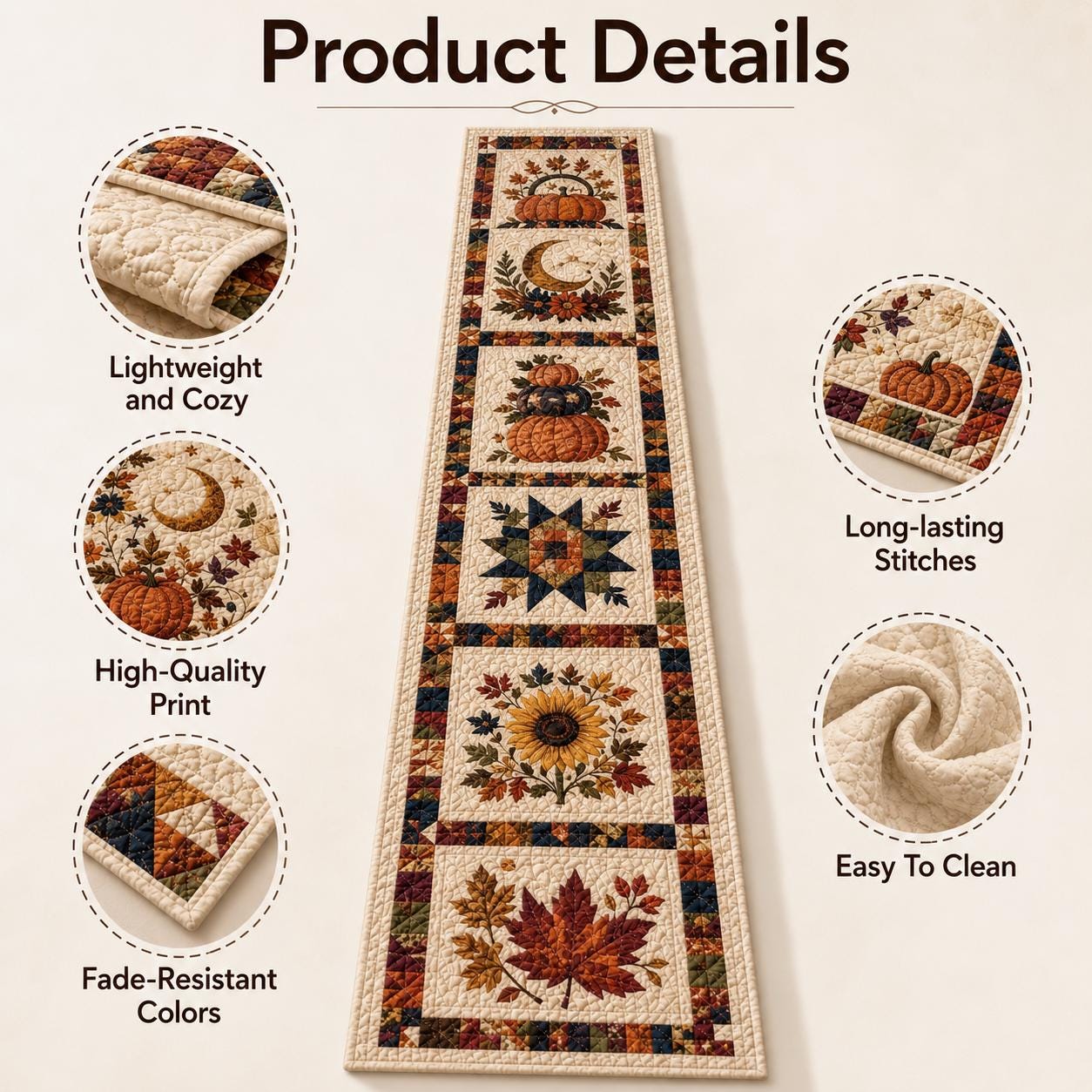 Pumpkin Autumn Table Runner – Fall Thanksgiving Dining Table Decor and Harvest Sunflower Farmhouse Centerpiece, Seasonal Home Quilted Style - photo 6