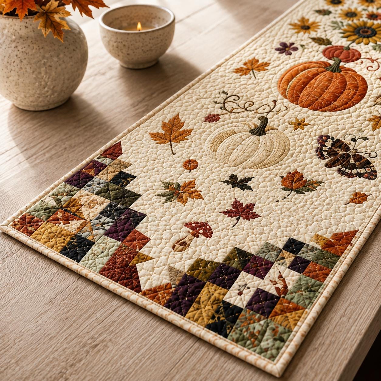 Pumpkin Autumn Table Runner – Fall Thanksgiving Dining Table Decor and Harvest Sunflower Farmhouse Centerpiece, Seasonal Home Quilted Style - photo 7