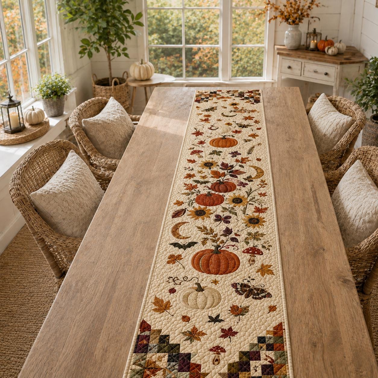 Pumpkin Autumn Table Runner – Fall Thanksgiving Dining Table Decor and Harvest Sunflower Farmhouse Centerpiece, Seasonal Home Quilted Style - photo 8