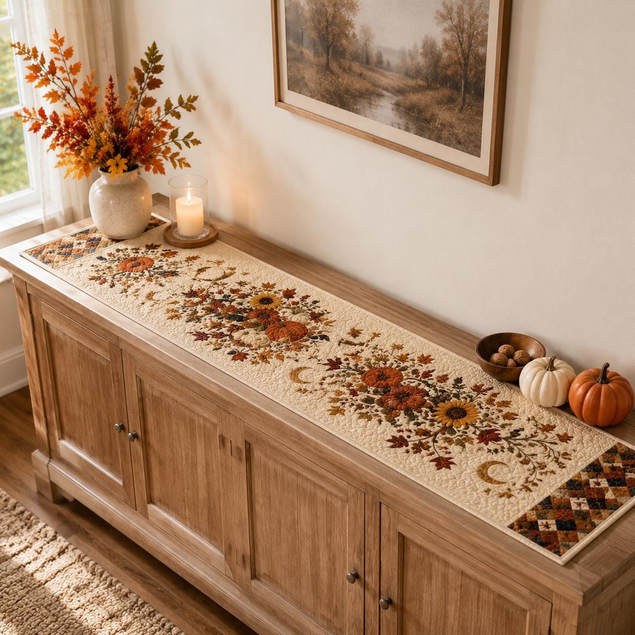 Pumpkin Autumn Table Runner – Fall Thanksgiving Dining Table Decor and Harvest Sunflower Farmhouse Centerpiece, Seasonal Home Quilted Style - photo 9