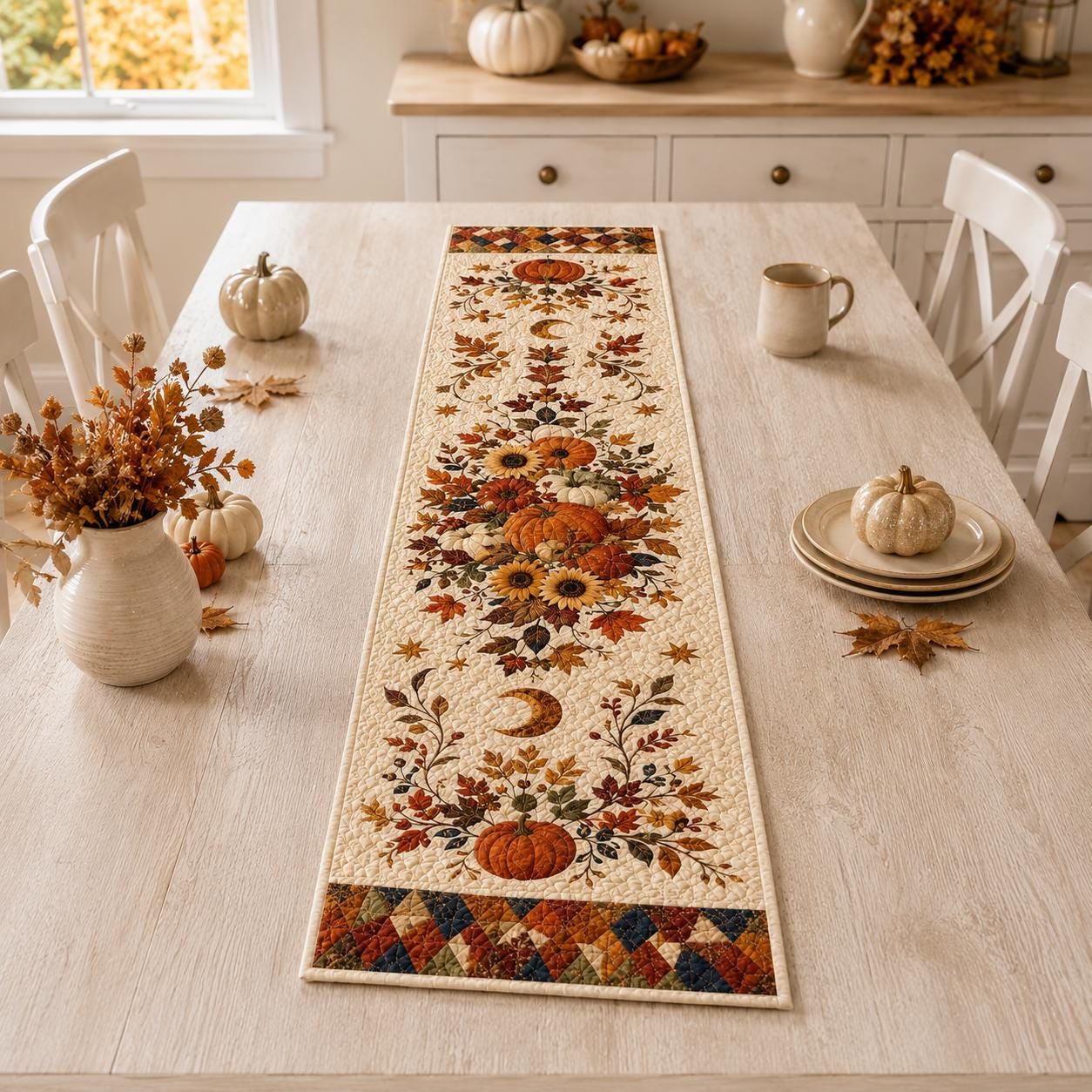 Pumpkin Autumn Table Runner – Fall Thanksgiving Dining Table Decor and Harvest Sunflower Farmhouse Centerpiece, Seasonal Home Quilted Style - photo 10