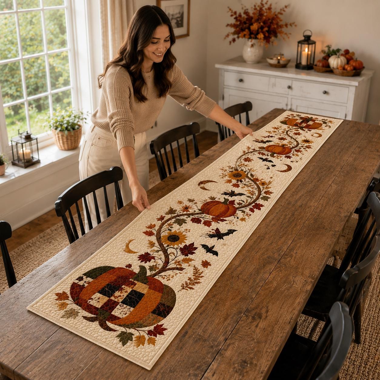 Pumpkin Autumn Table Runner – Fall Thanksgiving Dining Table Decor and Harvest Sunflower Farmhouse Centerpiece, Seasonal Home Quilted Style - photo 11