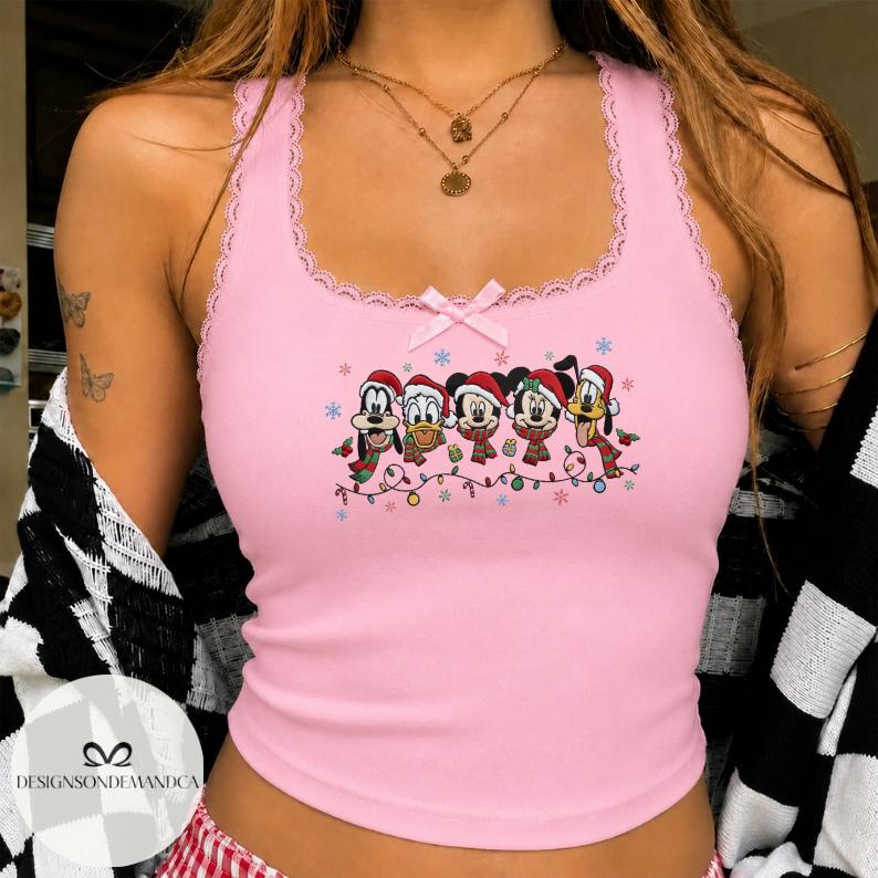 Embroidered Mickey and Friends Christmas Lace Trim Tank Top – Mickey's Very Merry Magic Kingdom WDW Family Crop Tank Shirt - photo 2