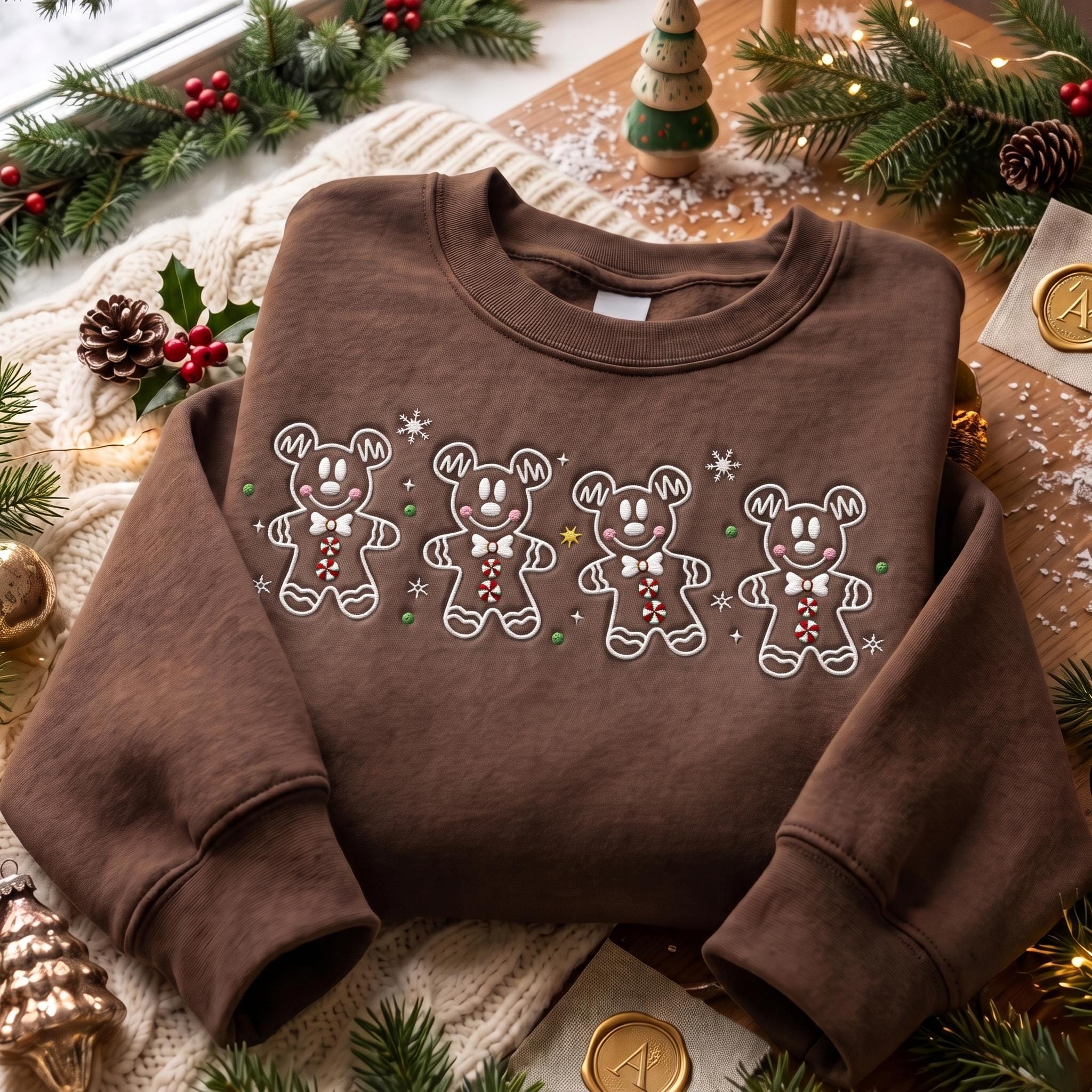 Embroidered Mickey Gingerbread Christmas Quarter Zip Sweatshirt – Cute Disneyland Holiday Shirt and Baker Gift for Park Days
