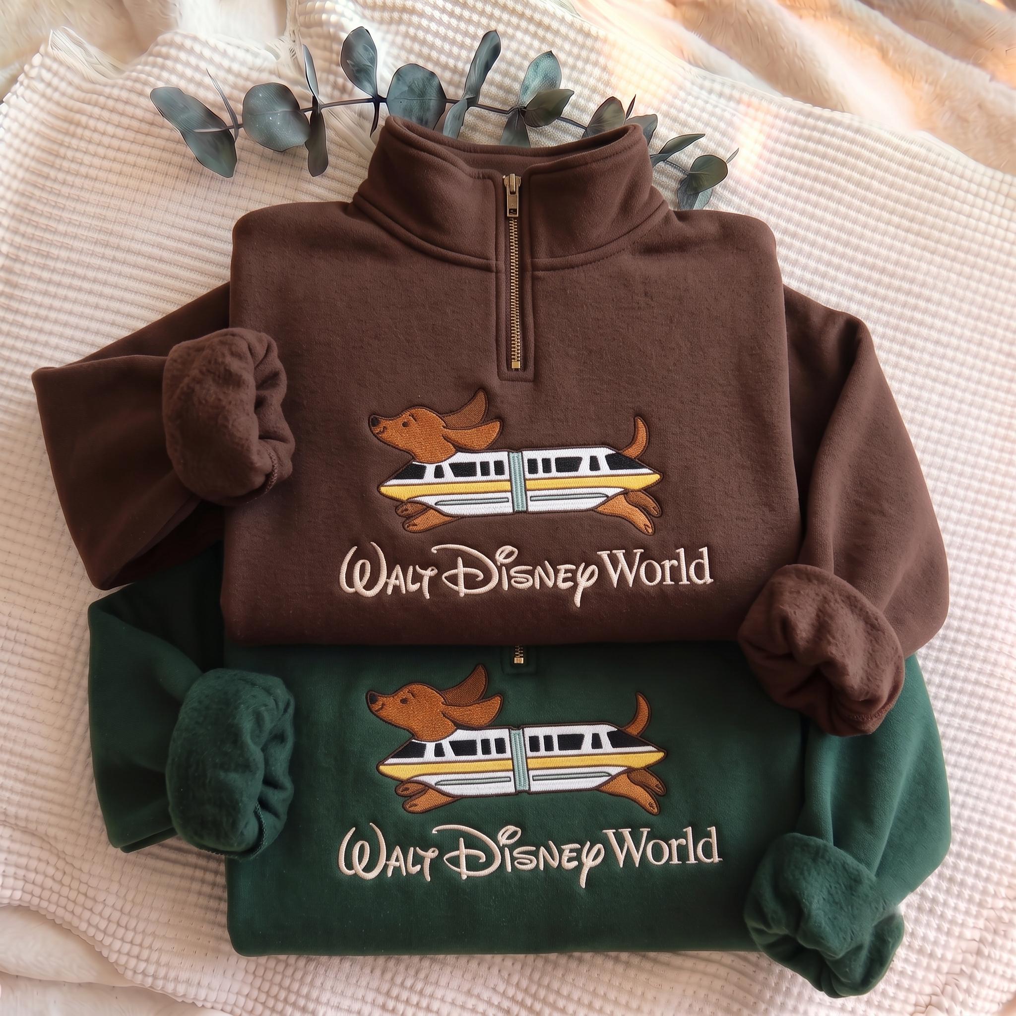Embroidered Monorail Dachshund Quarter Zip Sweatshirt – Walt Disney World Doxie Pullover and Vacation Theme Park Apparel