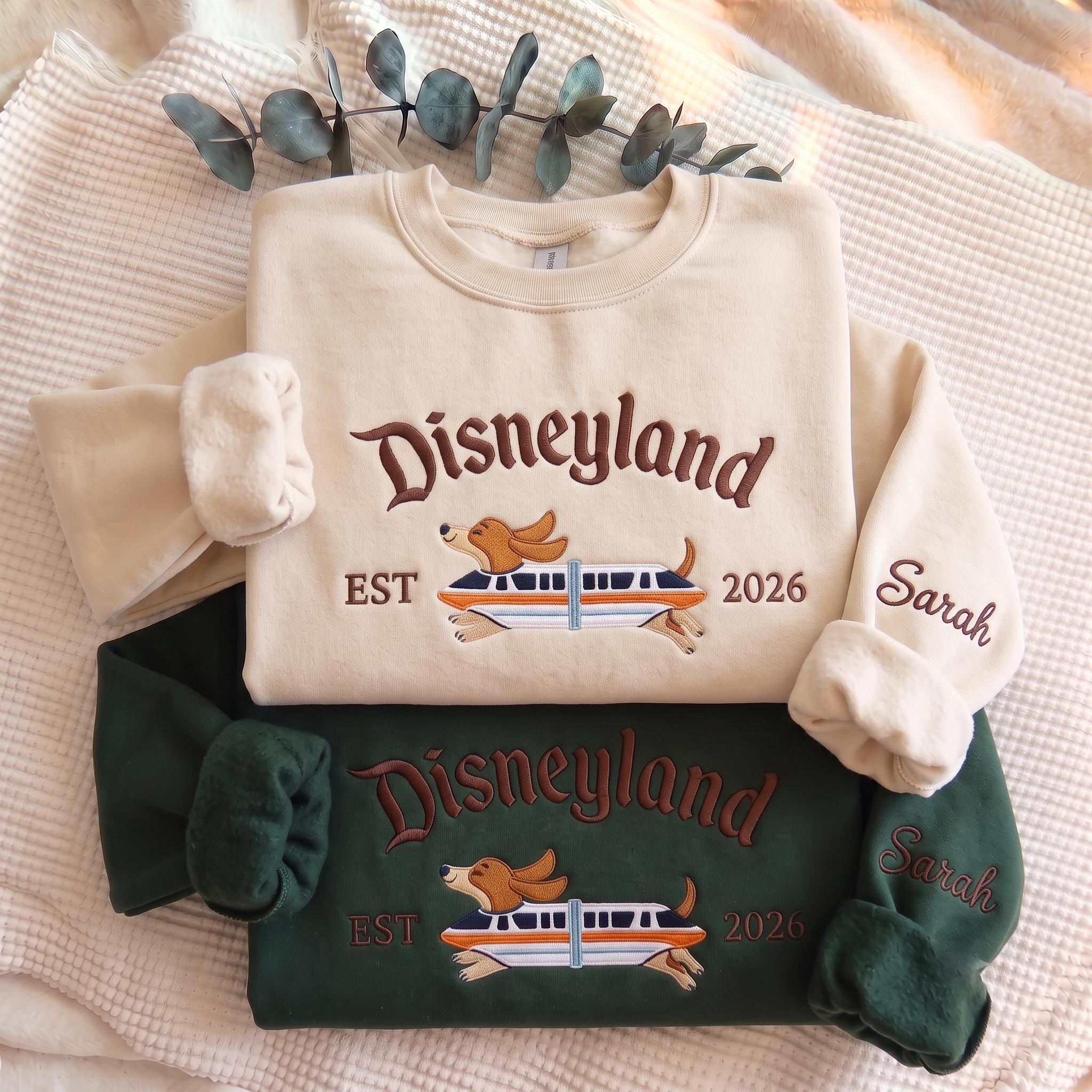 Custom Embroidered Doxie Monorail Disneyland Sweatshirt – Personalized Wiener Dog Pullover and Theme Park Apparel