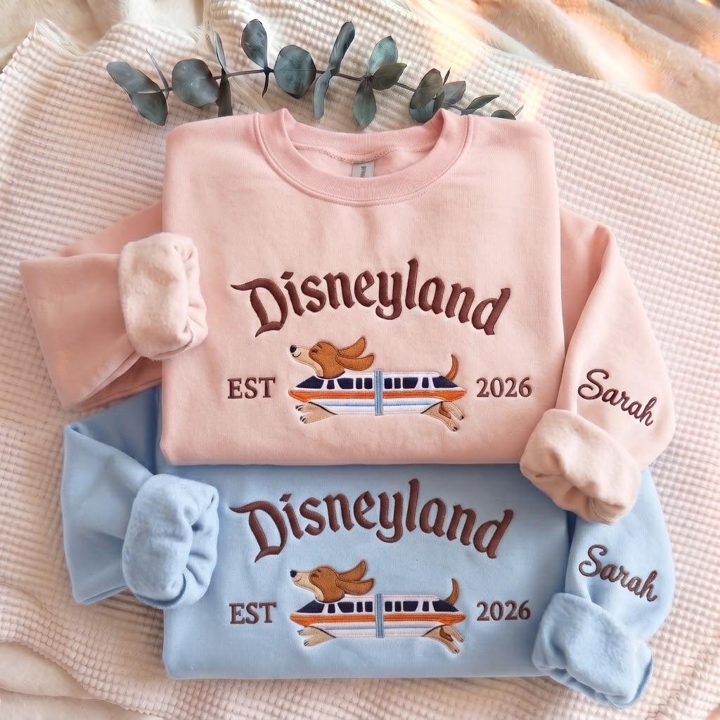 Custom Embroidered Doxie Monorail Disneyland Sweatshirt β Personalized Wiener Dog Pullover and Theme Park Apparel