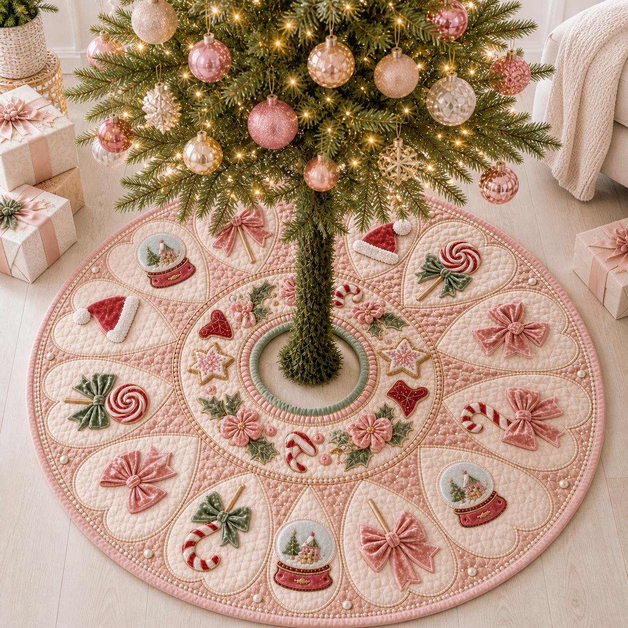 Pink Quilted Christmas Tree Skirt with Candy Cane Motif for Cute Festive Holiday Decor