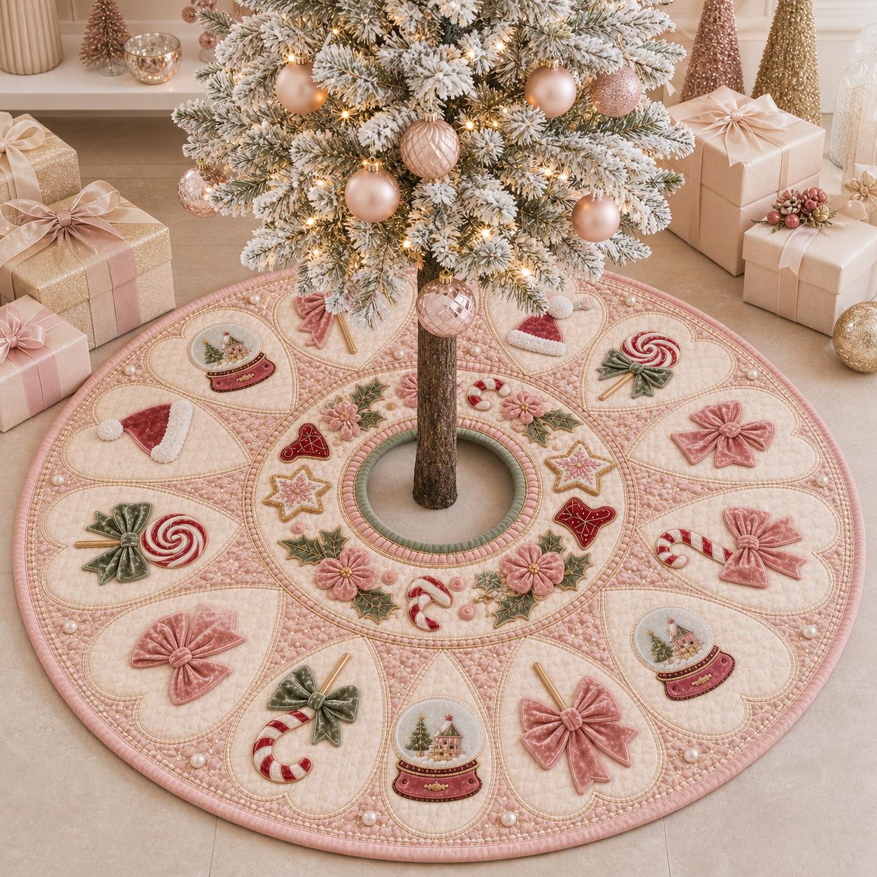 Pink Quilted Christmas Tree Skirt with Candy Cane Motif for Cute Festive Holiday Decor - photo 2