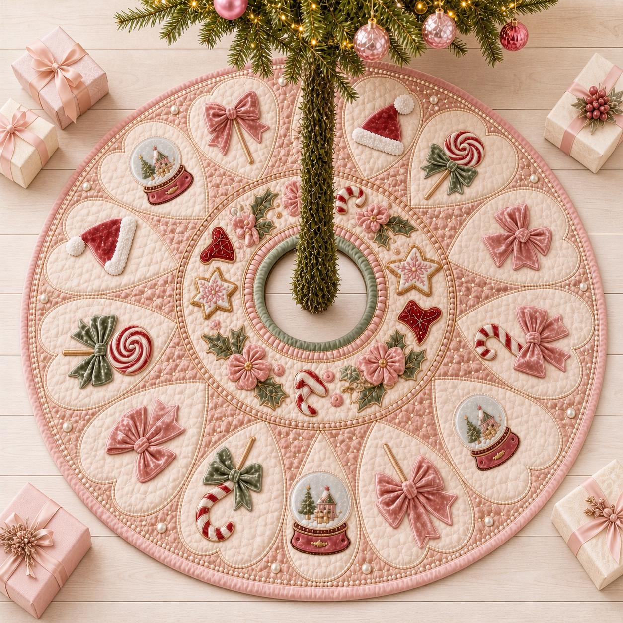 Pink Quilted Christmas Tree Skirt with Candy Cane Motif for Cute Festive Holiday Decor - photo 3