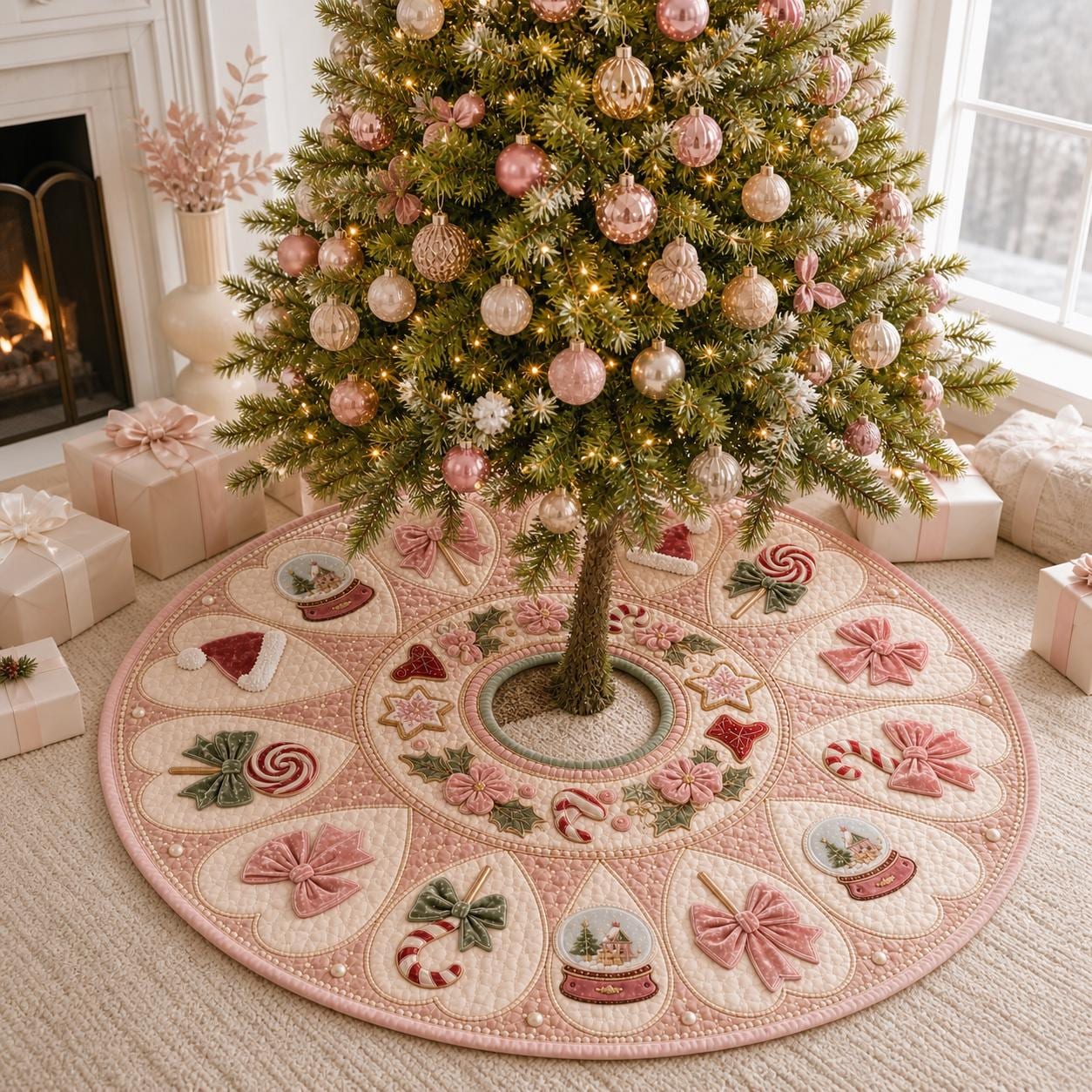 Pink Quilted Christmas Tree Skirt with Candy Cane Motif for Cute Festive Holiday Decor - photo 4