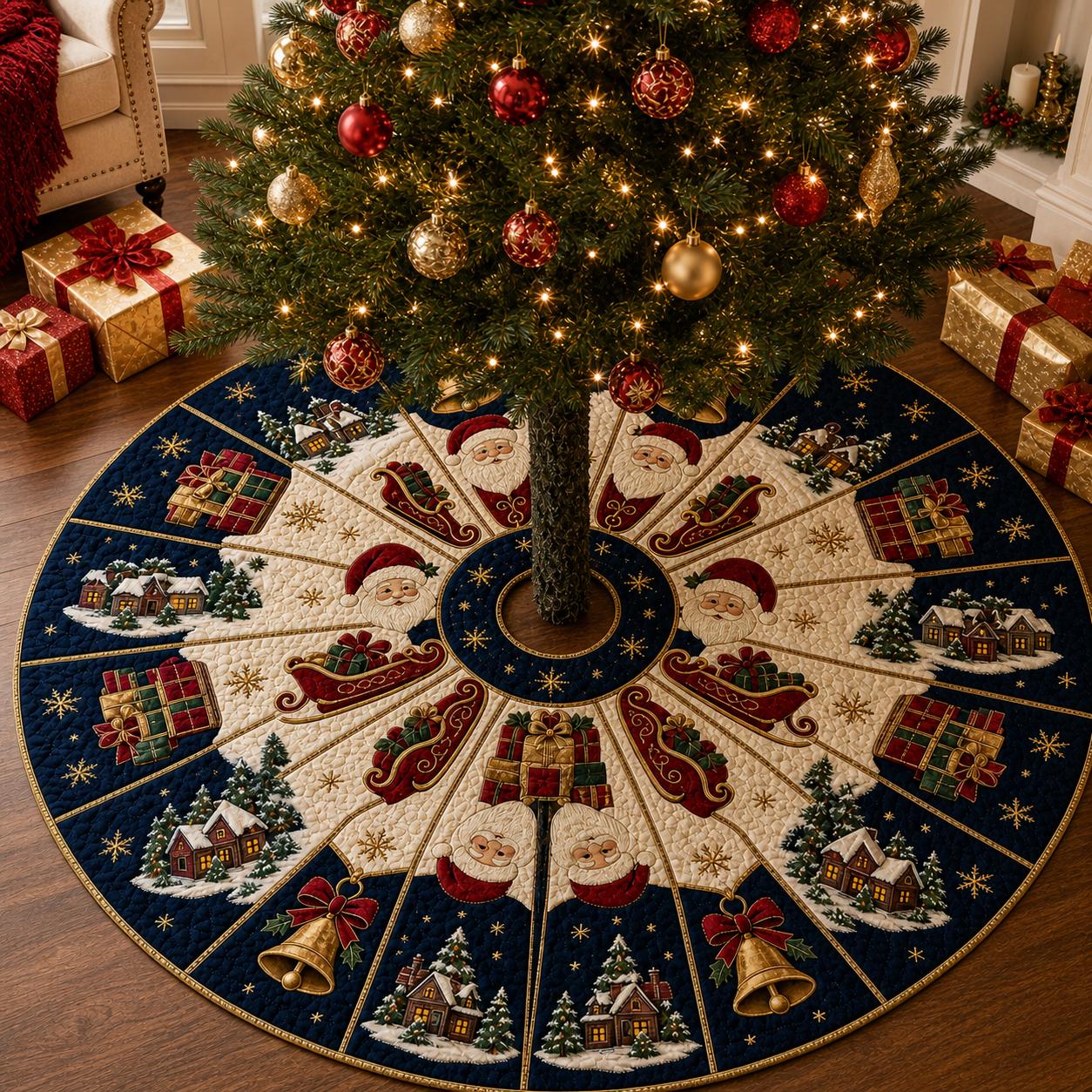 Christmas Tree Skirt – Quilted Navy Blue Santa Claus Holiday Decoration for Holiday Tree and Decor
