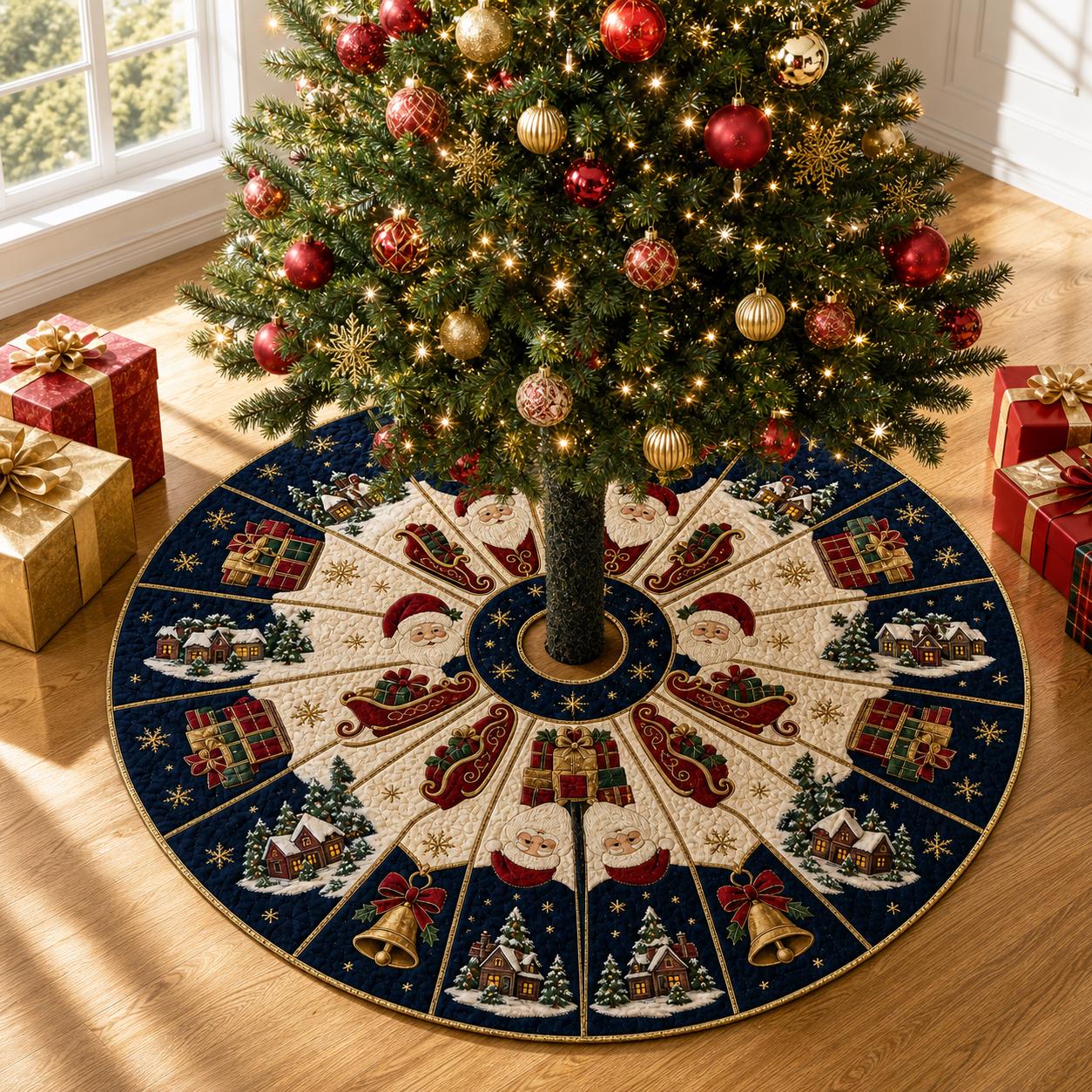 Christmas Tree Skirt – Quilted Navy Blue Santa Claus Holiday Decoration for Holiday Tree and Decor - photo 2