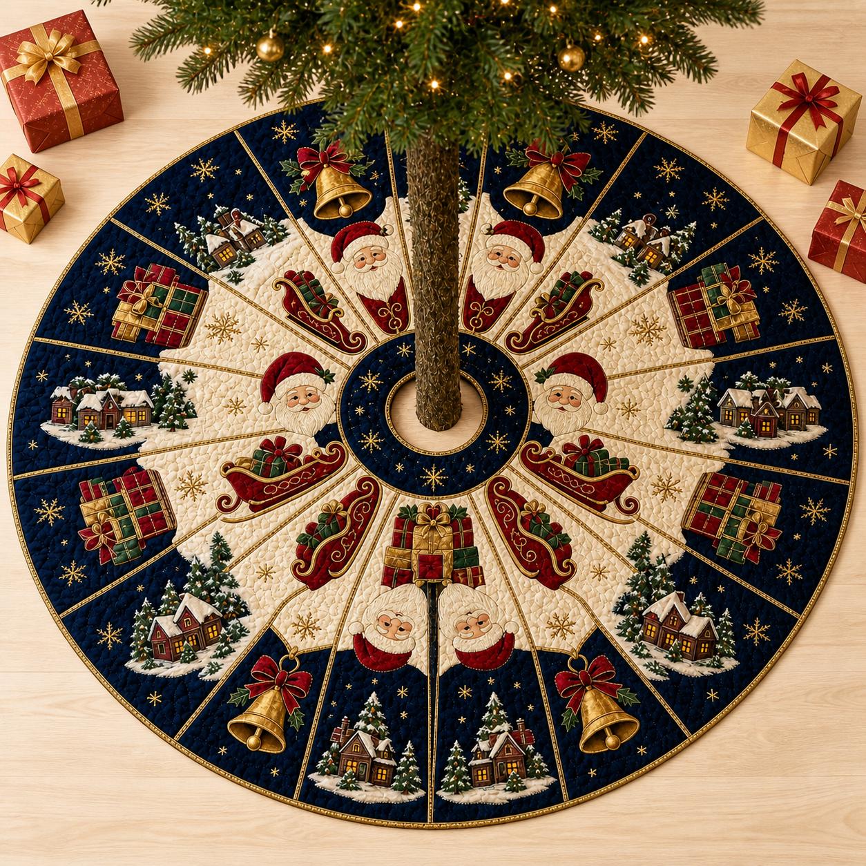 Christmas Tree Skirt – Quilted Navy Blue Santa Claus Holiday Decoration for Holiday Tree and Decor - photo 3