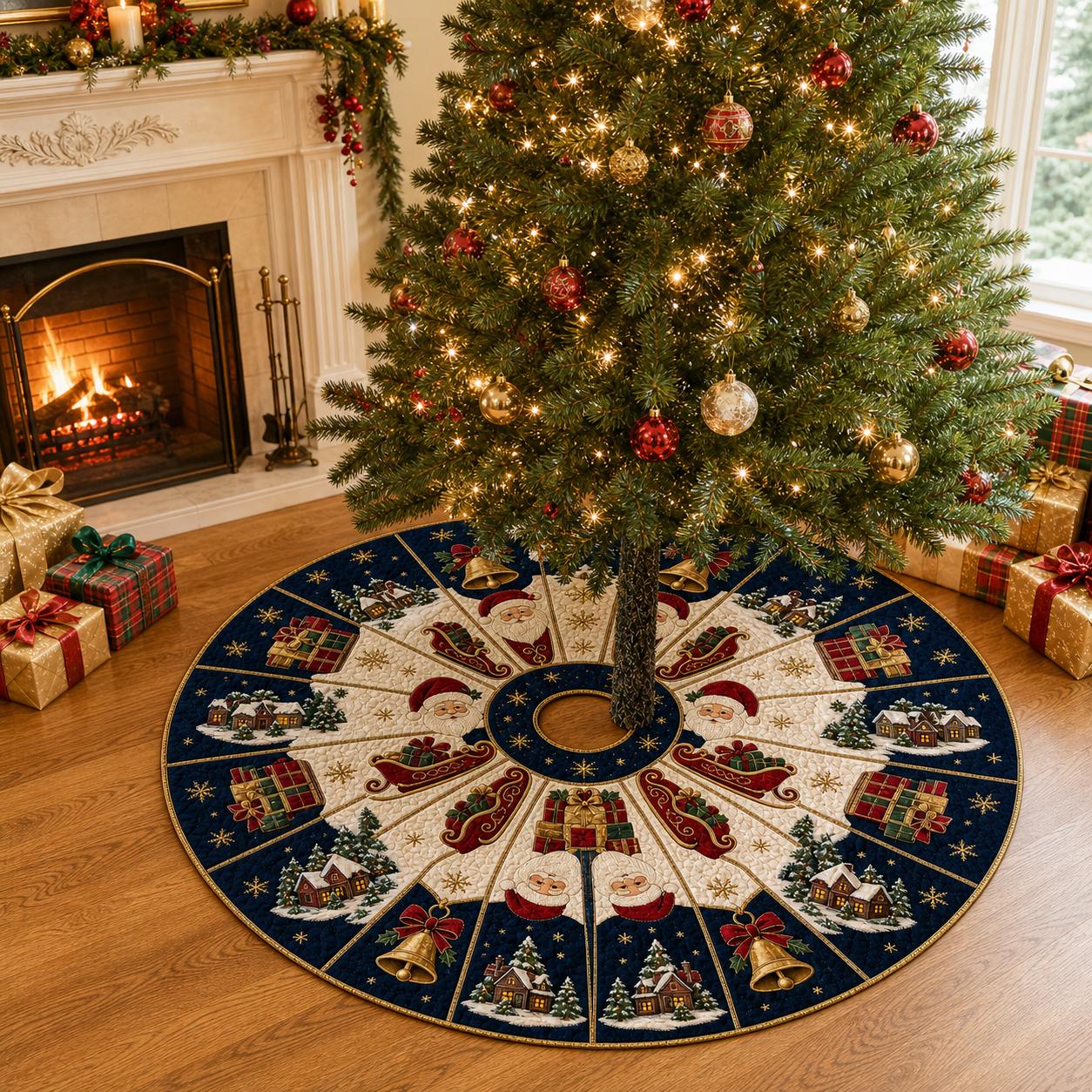 Christmas Tree Skirt – Quilted Navy Blue Santa Claus Holiday Decoration for Holiday Tree and Decor - photo 4