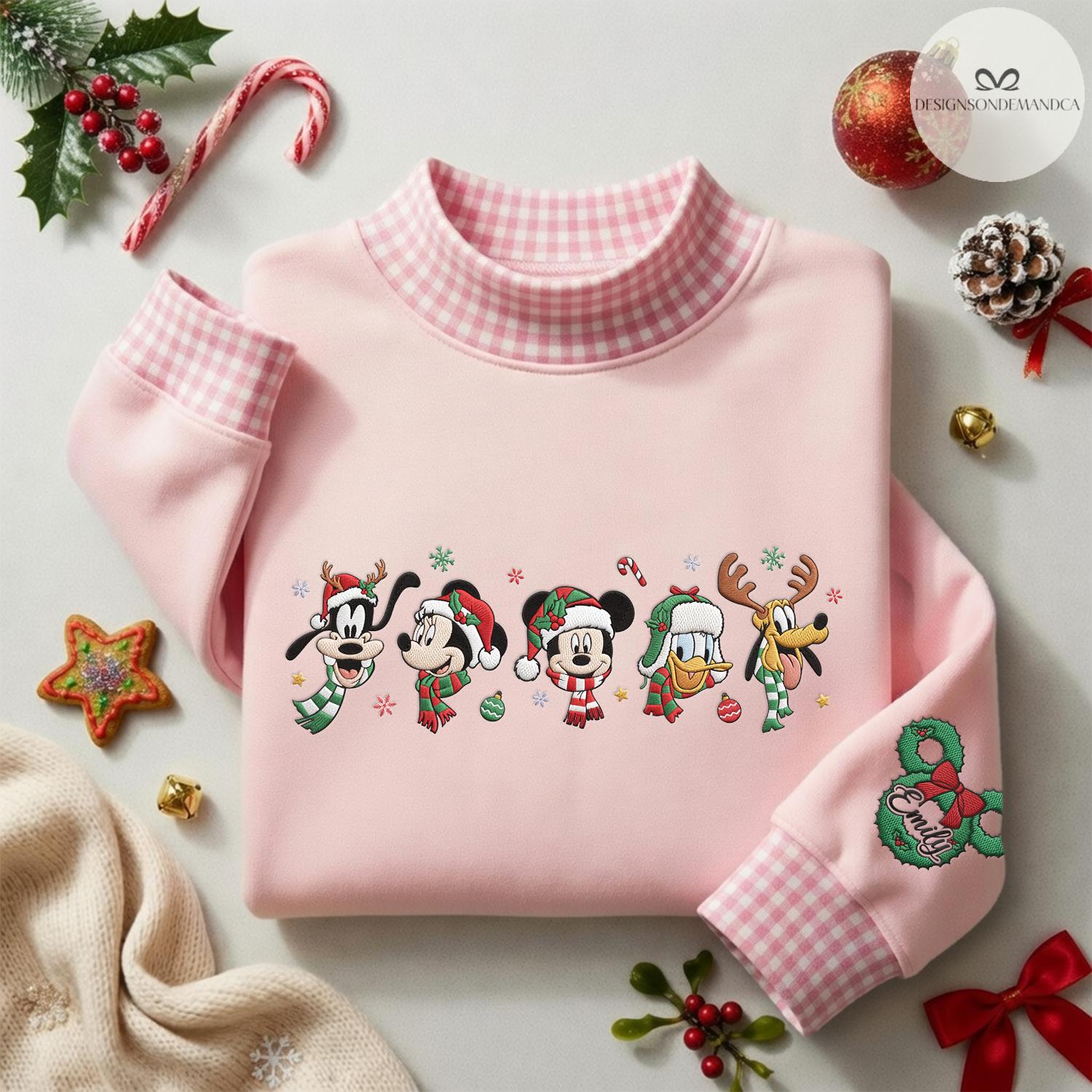 Embroidered Mickey and Friends Christmas Gingham Mock Neck Shirt – Very Merry Xmas WDW Disneyland Trip Sweatshirt