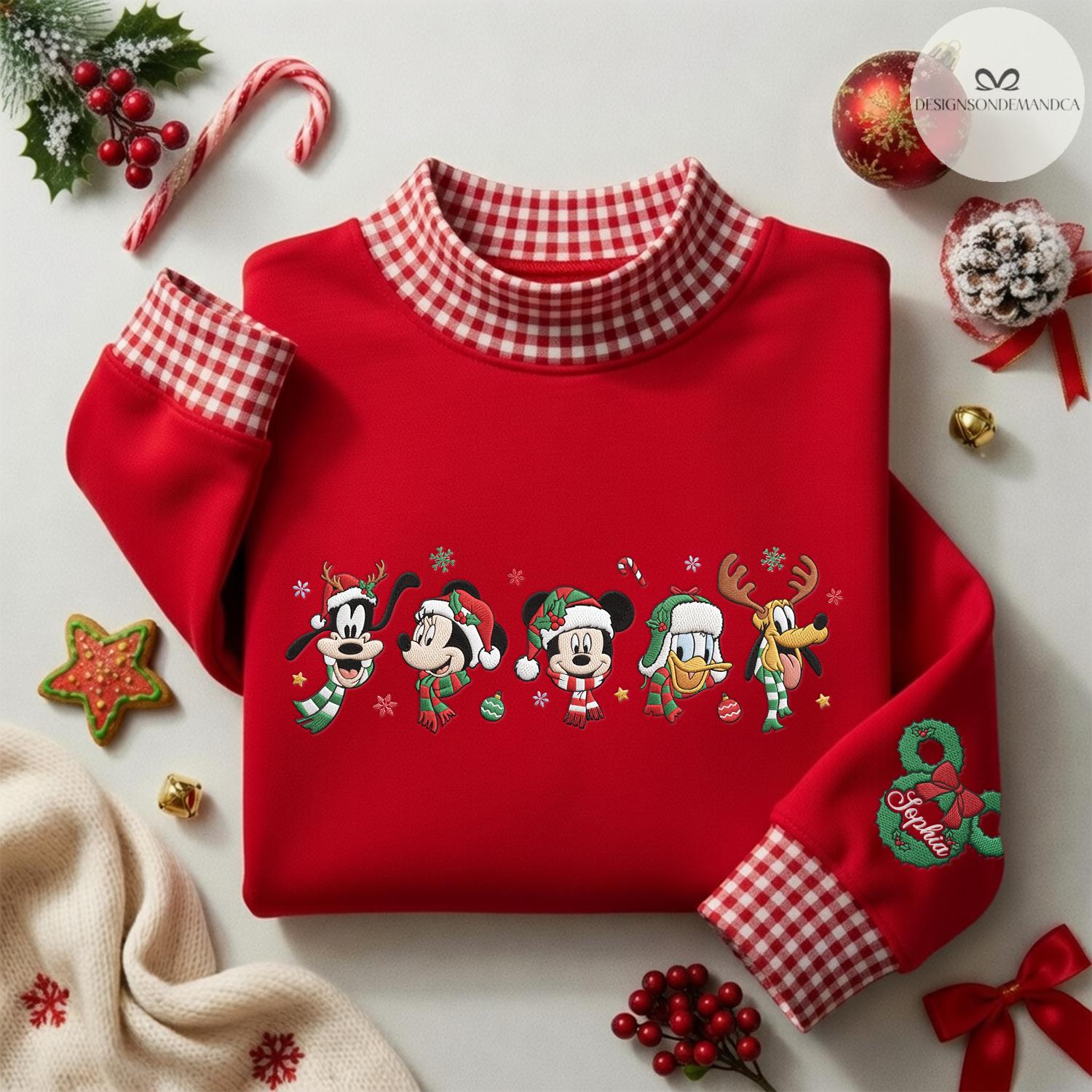 Embroidered Mickey and Friends Christmas Gingham Mock Neck Shirt – Very Merry Xmas WDW Disneyland Trip Sweatshirt - photo 3