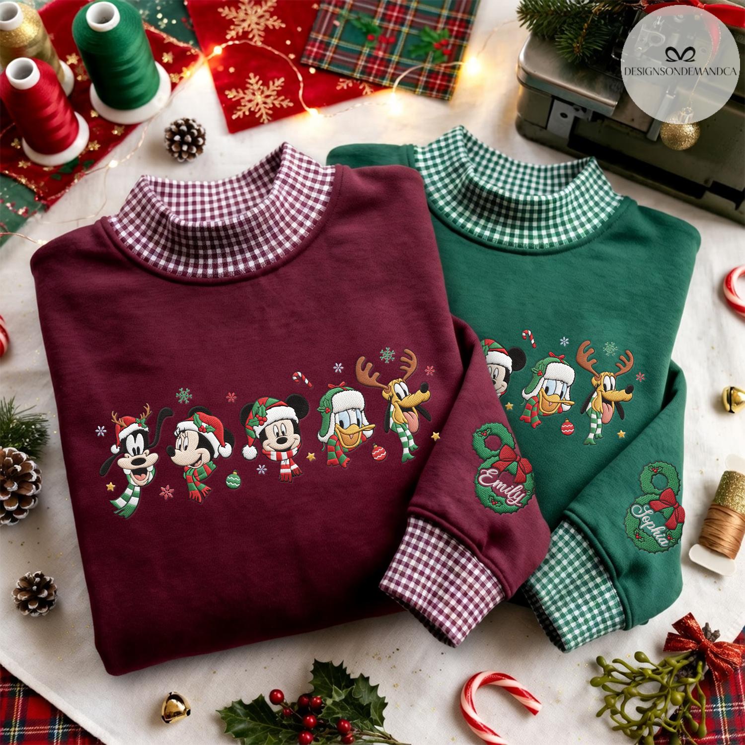Embroidered Mickey and Friends Christmas Gingham Mock Neck Shirt – Very Merry Xmas WDW Disneyland Trip Sweatshirt - photo 6