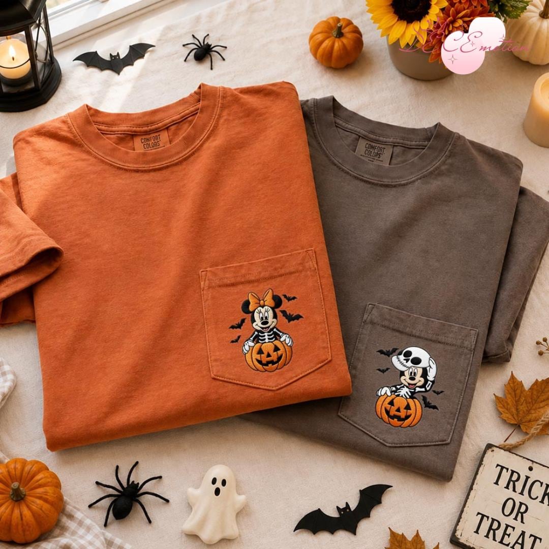 Embroidered Disney Halloween Comfort Colors Pocket Shirt with All Characters Mickey and Friends Skeleton Pumpkin Trick or Treat