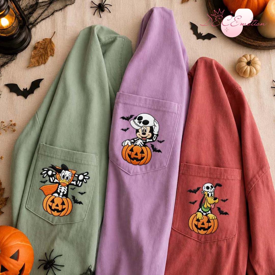 Embroidered Disney Halloween Comfort Colors Pocket Shirt with All Characters Mickey and Friends Skeleton Pumpkin Trick or Treat - photo 2
