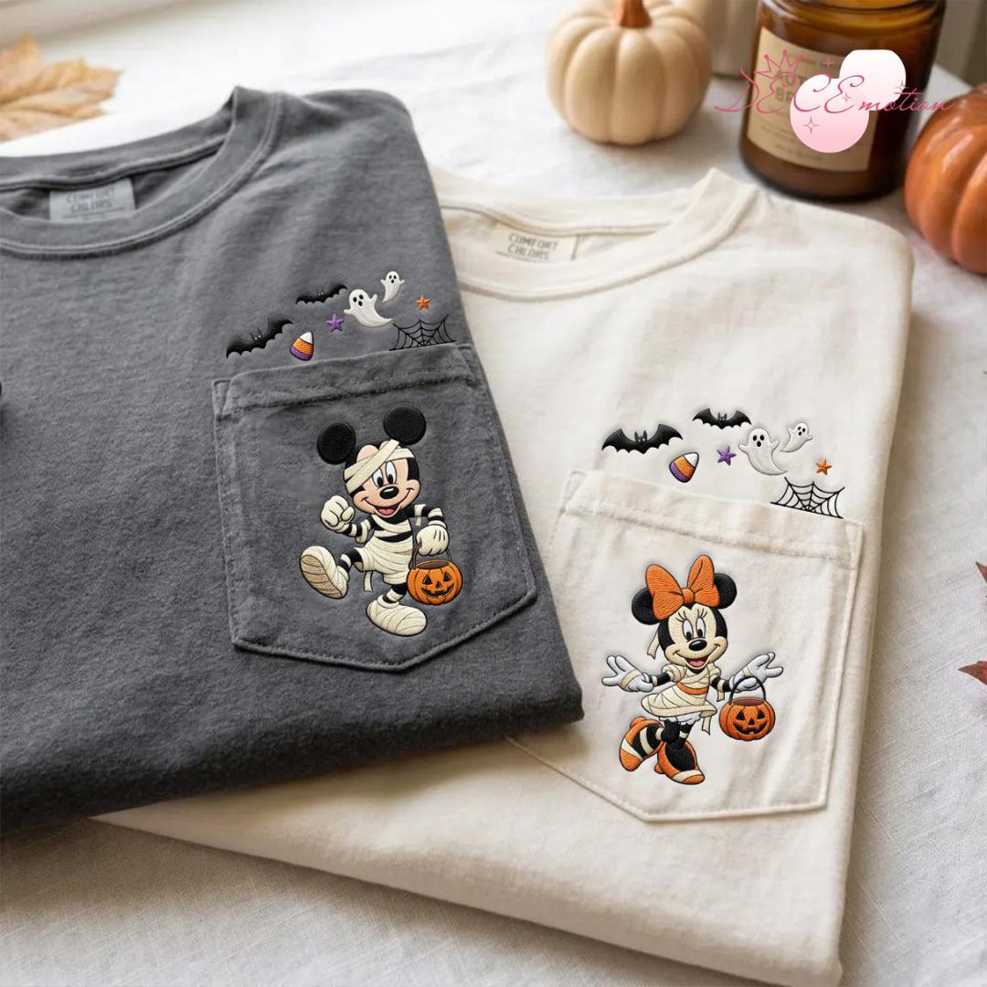 Embroidered Disney Halloween Comfort Colors Pocket Shirt with Mickey and Friends Mummy Pumpkin – Mickey's Not So Scary Party