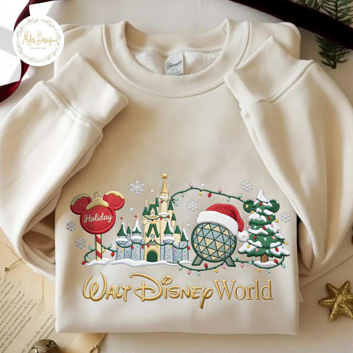 Embroidered Walt Disney World Christmas Sweatshirt with Holiday Castle Design – Magical Epcot Winter Park Vacation Family Gift Apparel