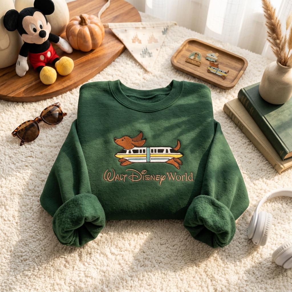 Personalized Embroidered Monorail Dachshund Sweatshirt – Custom Disney Trip Family Vacation Crewneck Pullover Gift