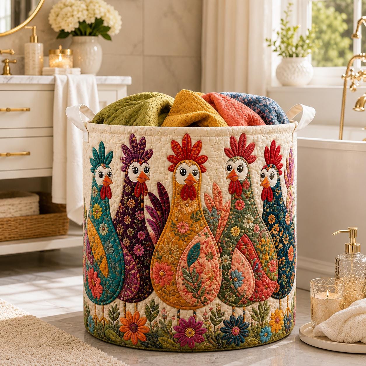 Floral Chicken Quilt Laundry Basket – Farmhouse Laundry Hamper and Quilted Clothes Basket for Chicken Lover Storage Bin, Nursery Toy Basket