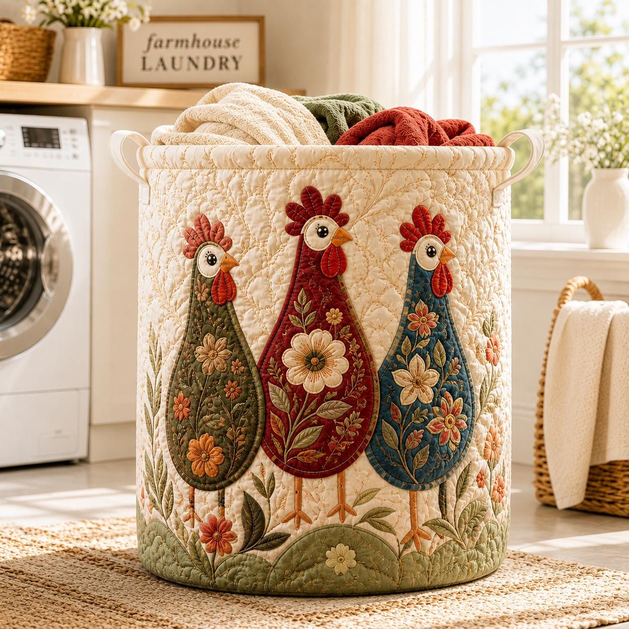 Floral Chicken Quilt Laundry Basket – Farmhouse Laundry Hamper and Quilted Clothes Basket for Chicken Lover Storage Bin, Nursery Toy Basket - photo 2