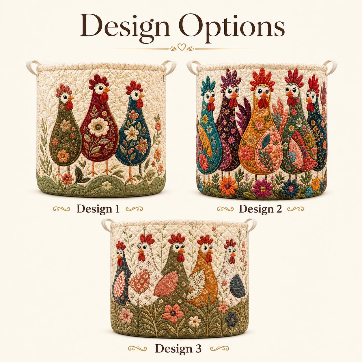 Floral Chicken Quilt Laundry Basket – Farmhouse Laundry Hamper and Quilted Clothes Basket for Chicken Lover Storage Bin, Nursery Toy Basket - photo 3
