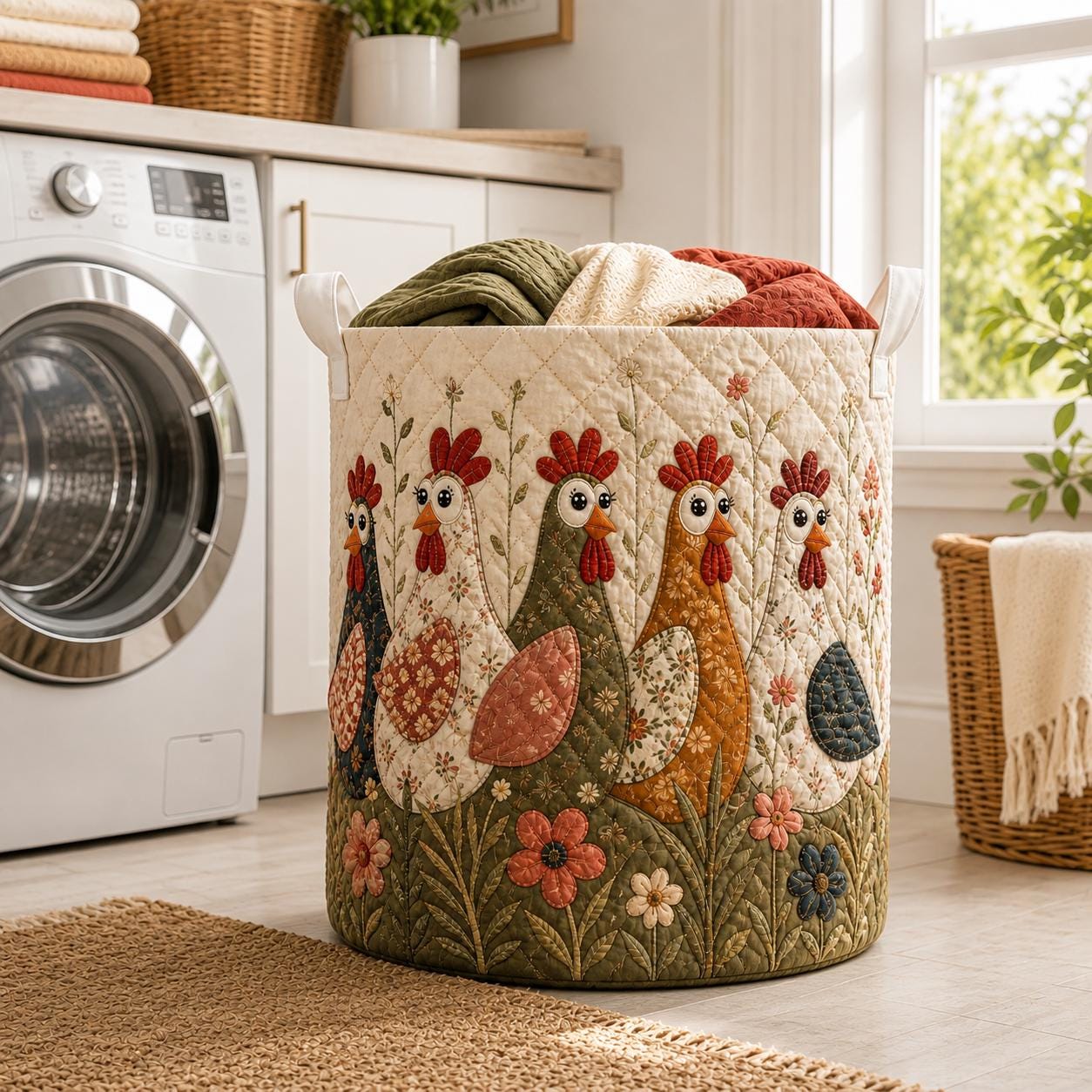 Floral Chicken Quilt Laundry Basket – Farmhouse Laundry Hamper and Quilted Clothes Basket for Chicken Lover Storage Bin, Nursery Toy Basket - photo 5